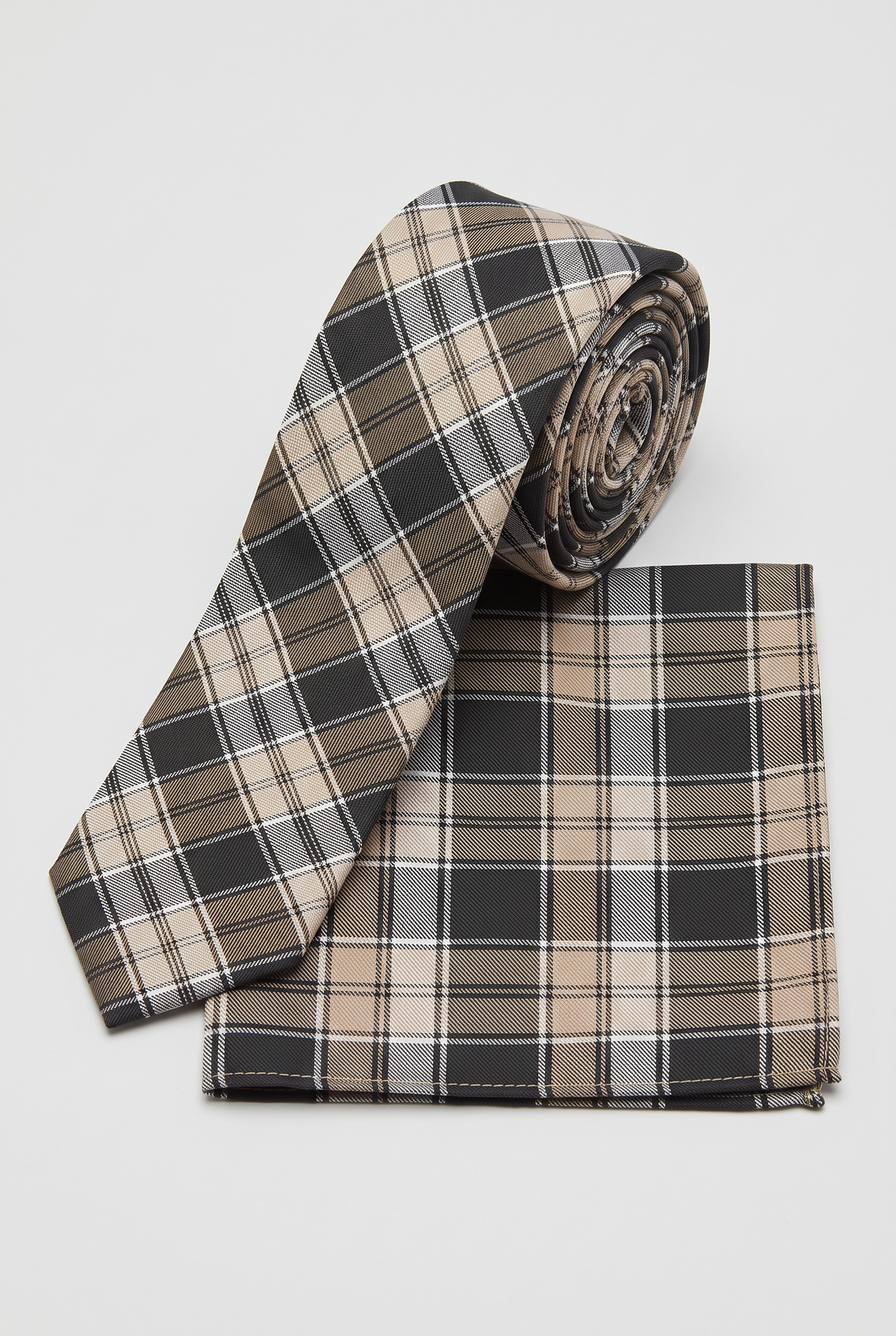 Boys Plaid Checkered Tie & Hankie Set Brown and Beige