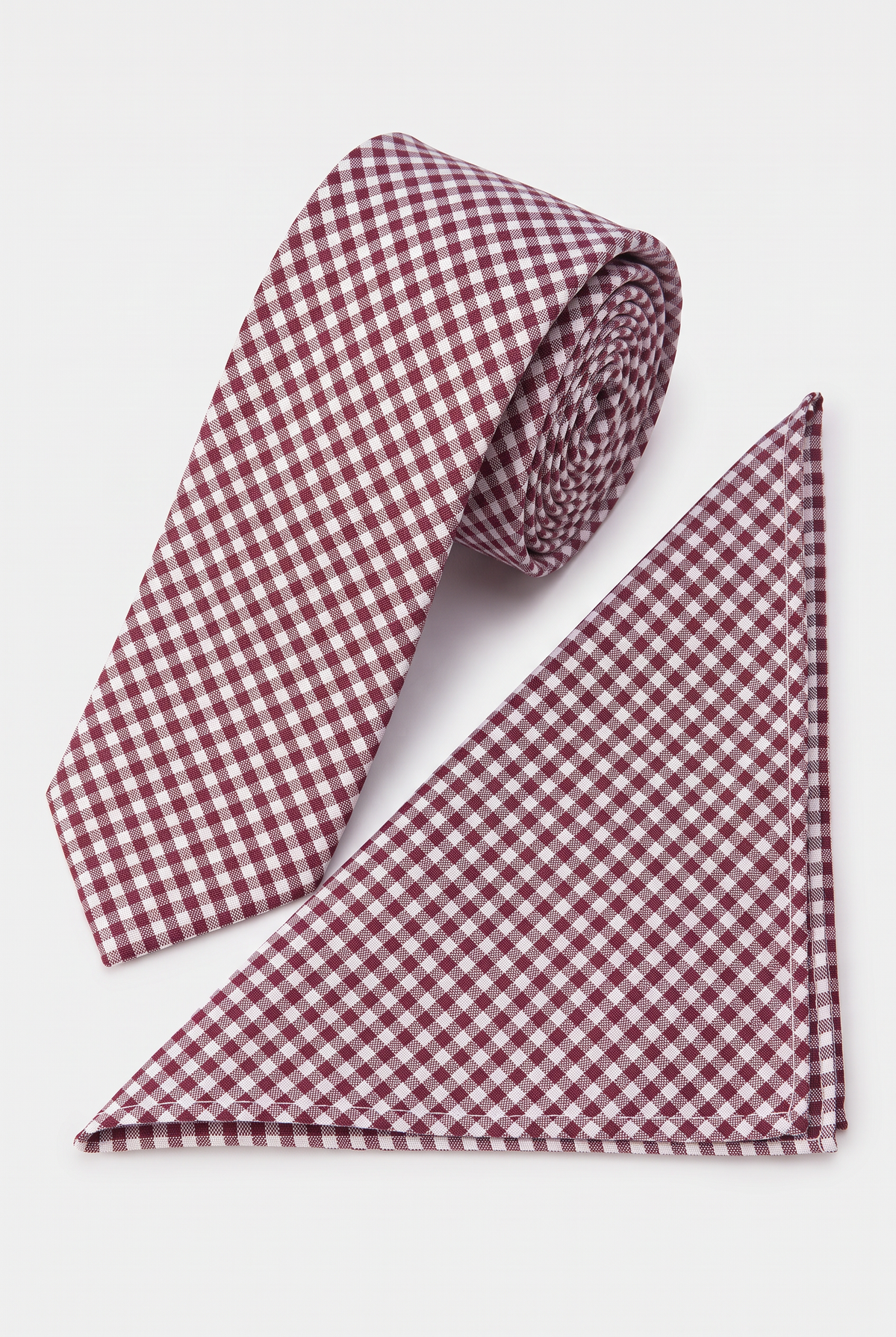 Boys Plaid Checkered Tie & Hankie Set Burgundy and Grey