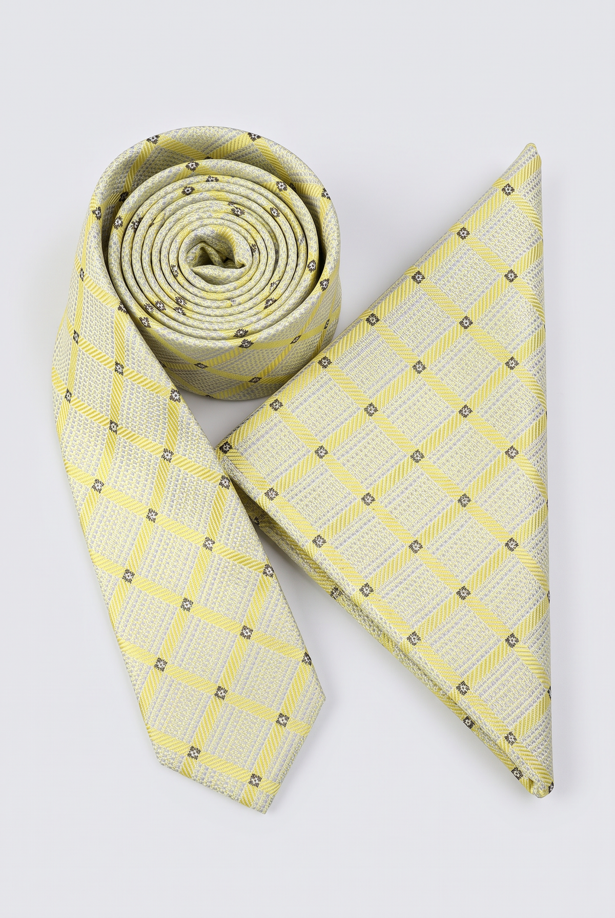 Boys Plaid Checkered Tie & Hankie Set Cream and Gold