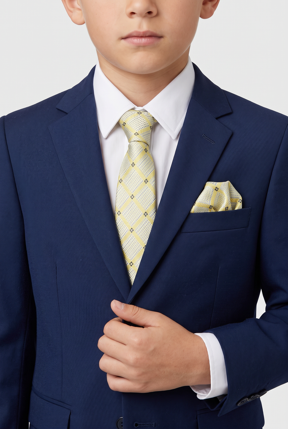 Boys Plaid Checkered Tie & Hankie Set Cream and Gold
