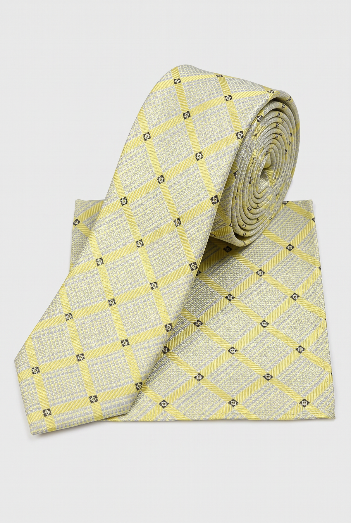 Boys Plaid Checkered Tie & Hankie Set Cream and Gold