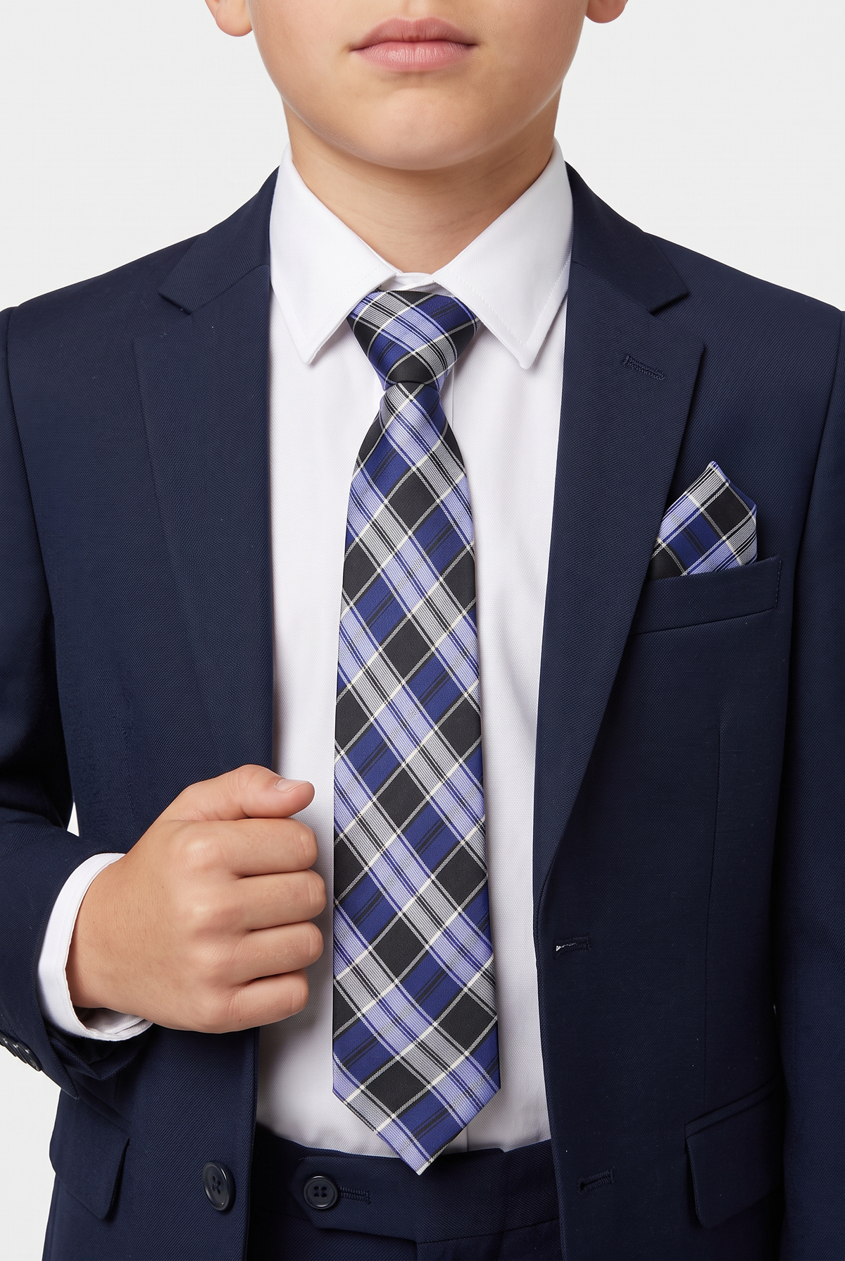 Boys Plaid Checkered Tie & Hankie Set Navy and Black