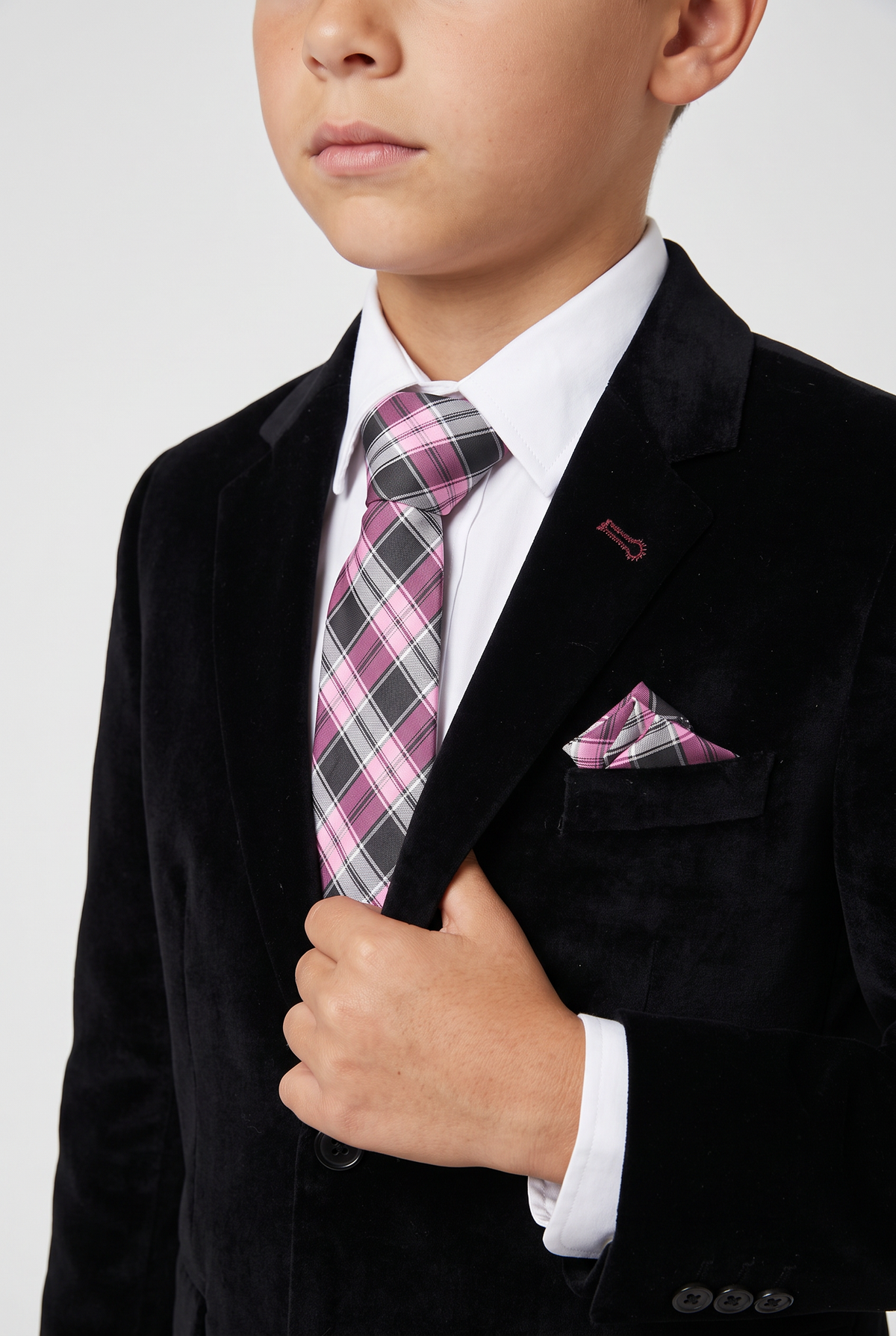 Boys Plaid Checkered Tie & Hankie Set Pink and Grey