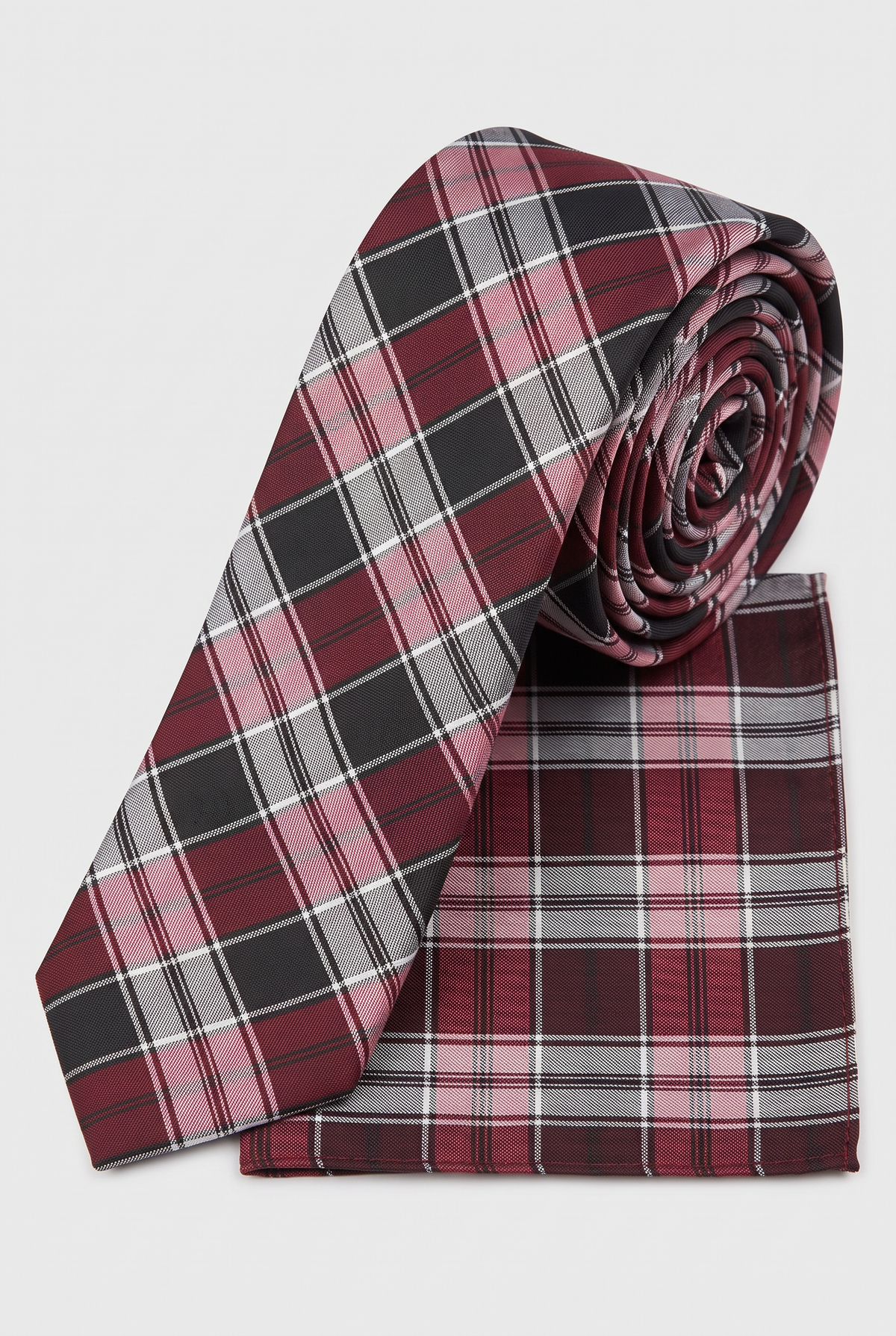 Boys Plaid Checkered Tie & Hankie Set Red and Grey