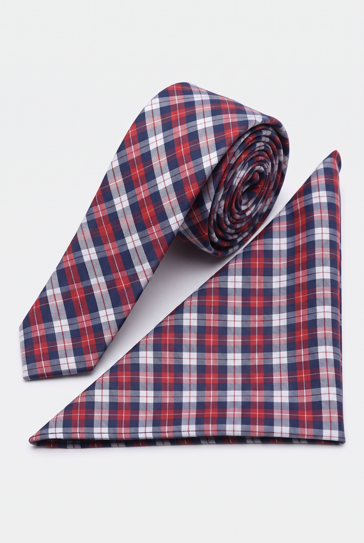 Boys Plaid Checkered Tie & Hankie Set Red and Navy