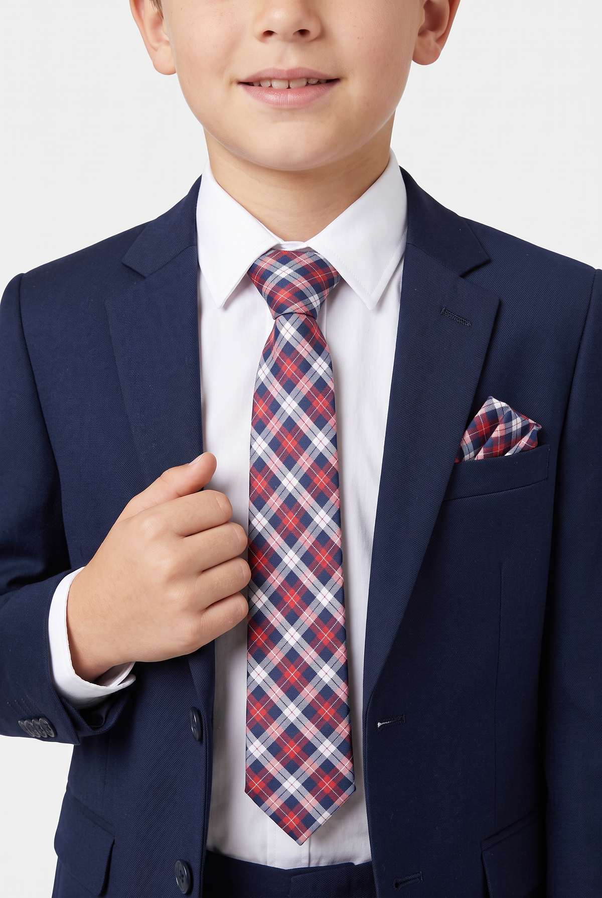 Boys Plaid Checkered Tie & Hankie Set Red and Navy