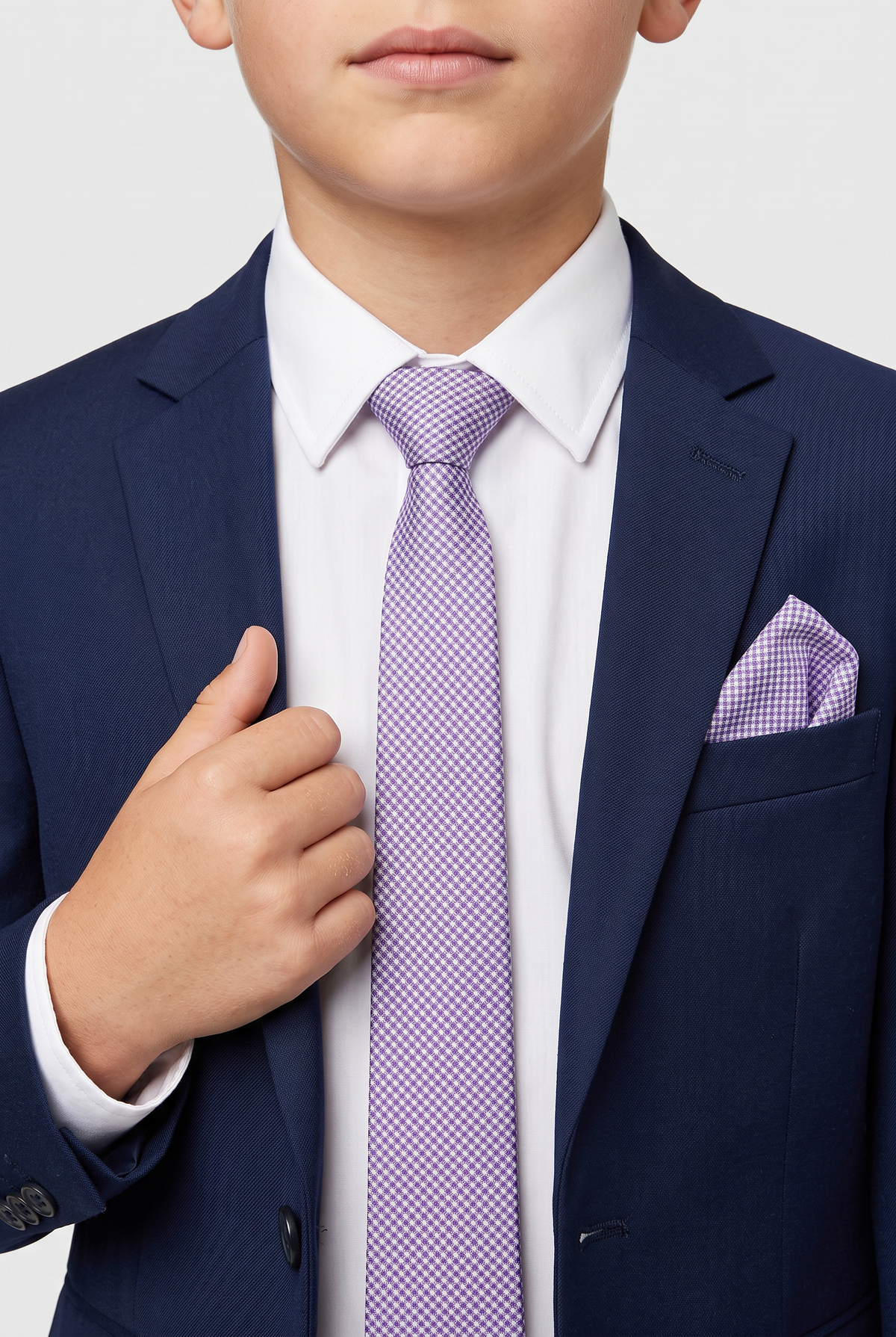 Boys Plaid Checkered Tie & Hankie Set Violet and White