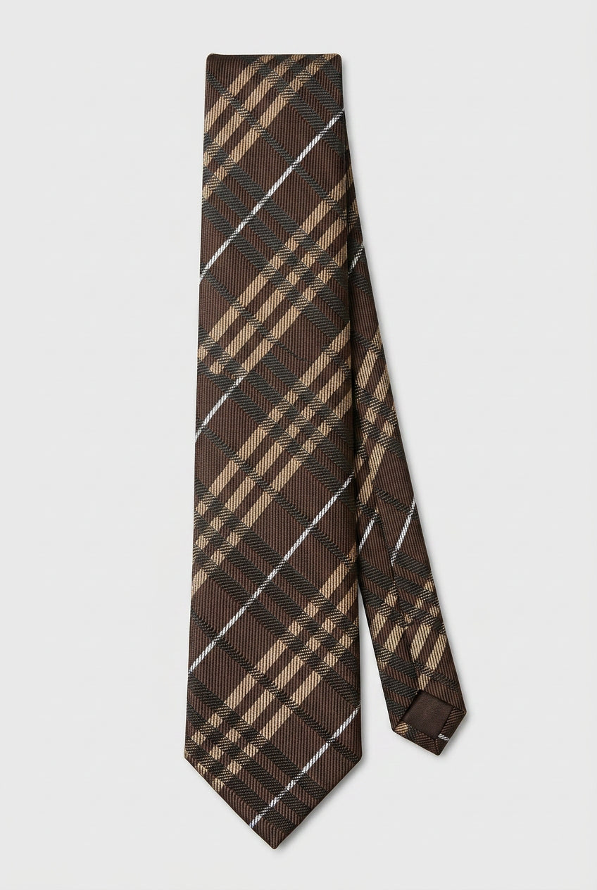 Boys Plaid Jacquard Slim Tie - Brown