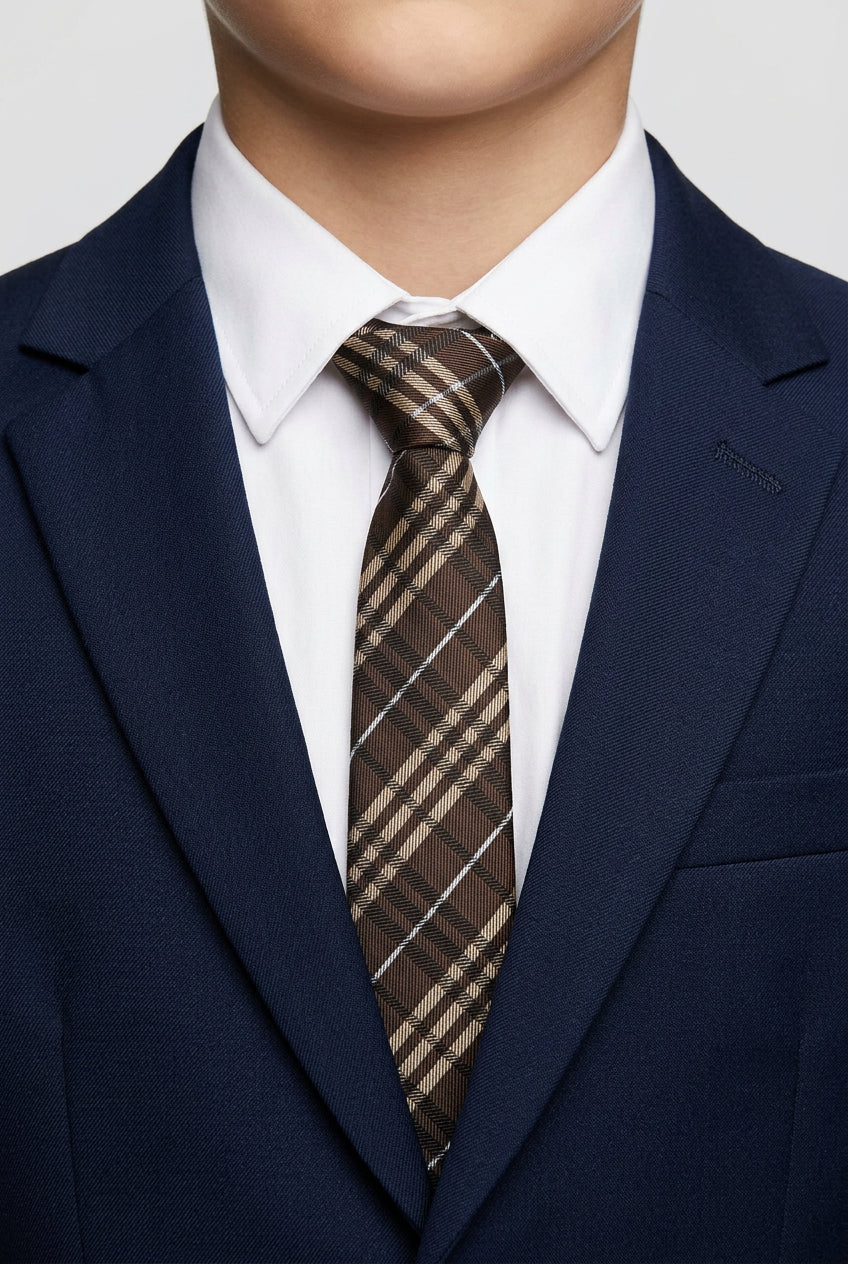 Boys Plaid Jacquard Slim Tie - Brown