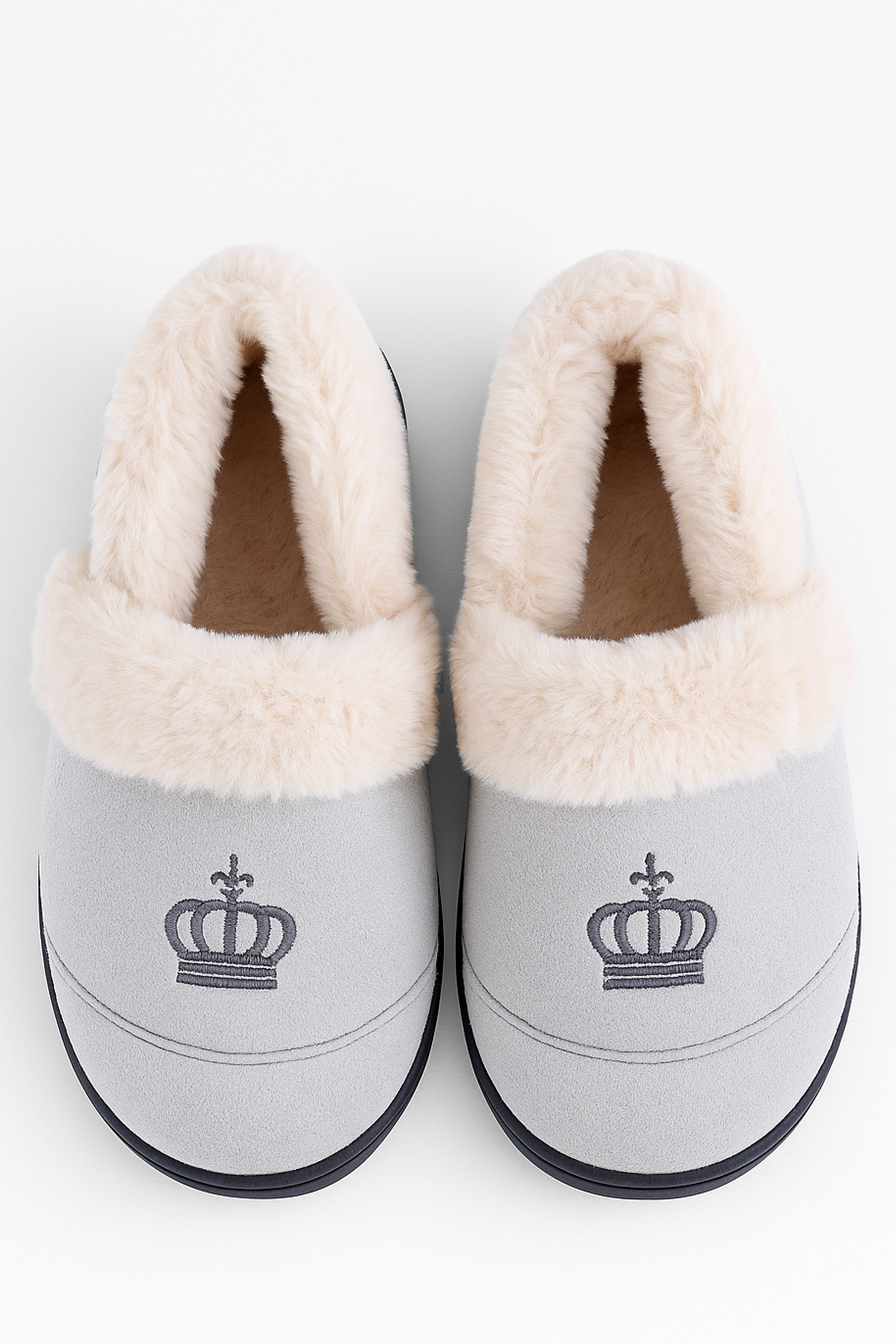 Boys Plush Comfortable Crown Slippers - Cream - Grey Front Picture