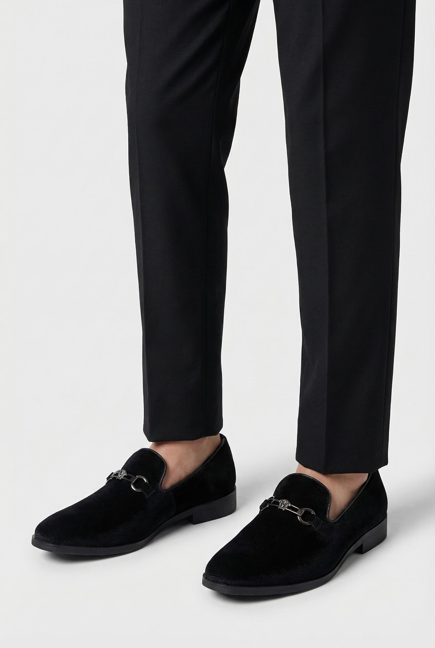 Boys Ribbed Velvet Loafer Shoes with Horsebit Detail - Davis Black Model Picture