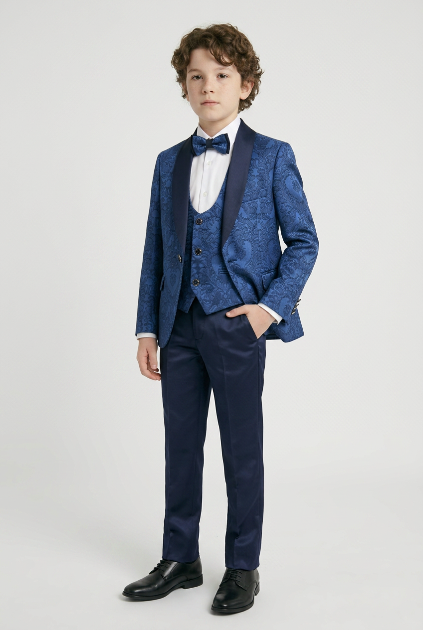 Boys Royal Blue Jacquard 4 Piece Suit with Bow Tie