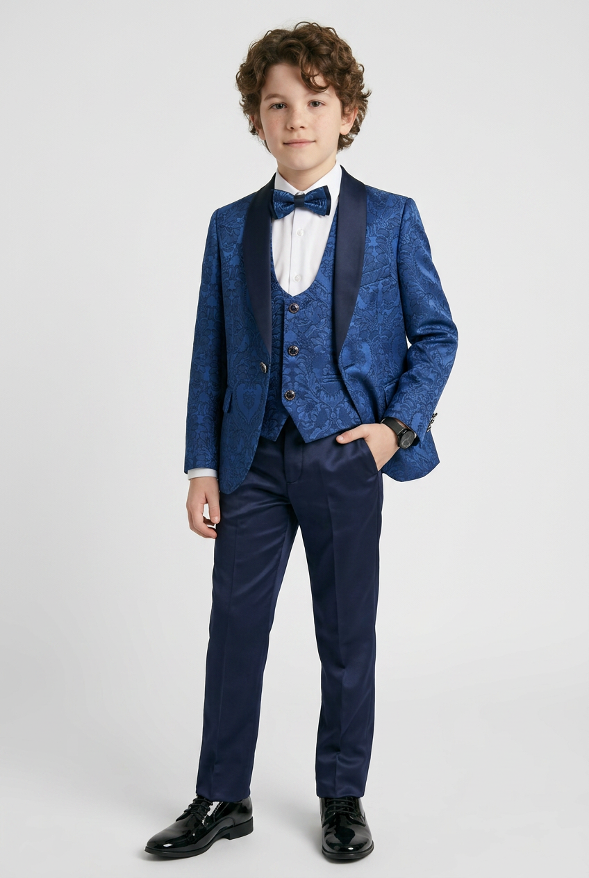 Boys Royal Blue Jacquard 4 Piece Suit with Bow Tie