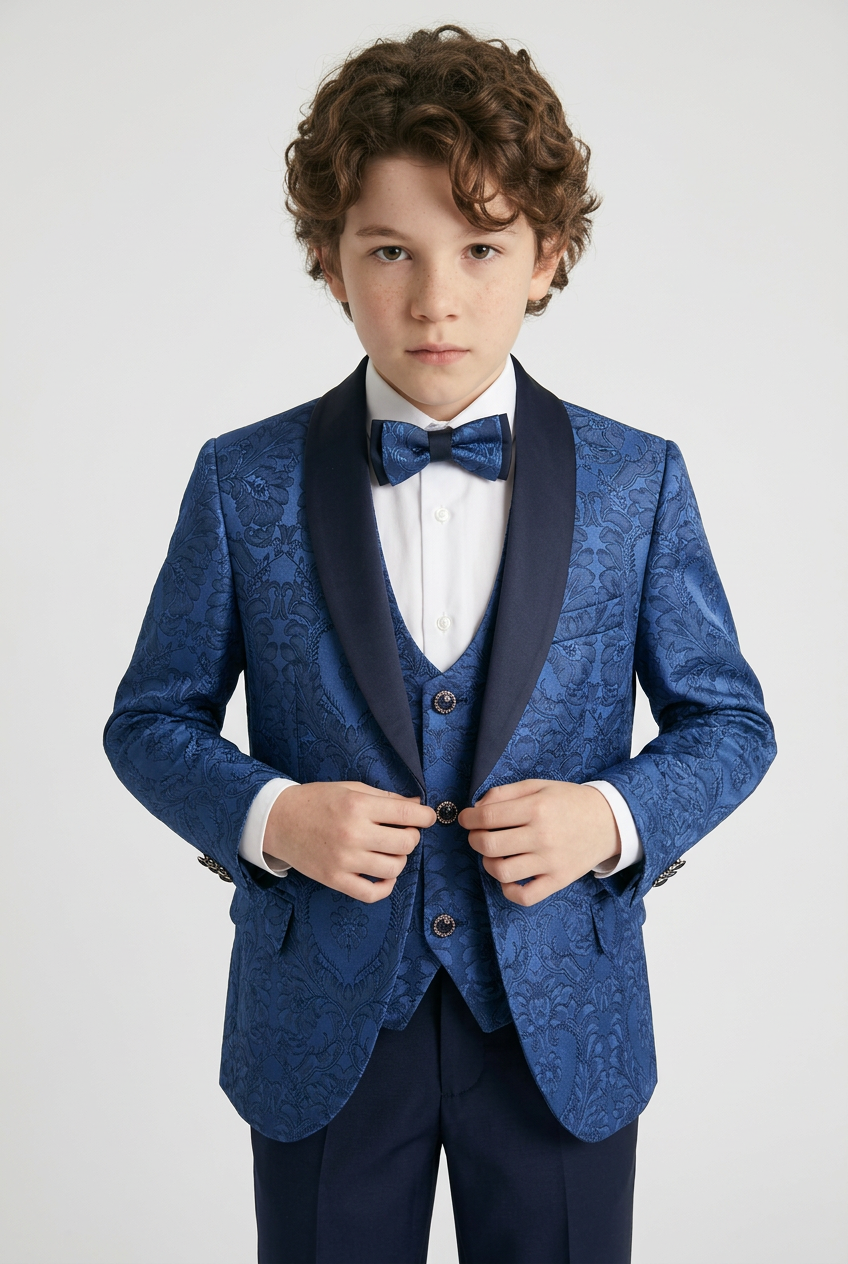 Boys Royal Blue Jacquard 4 Piece Suit with Bow Tie