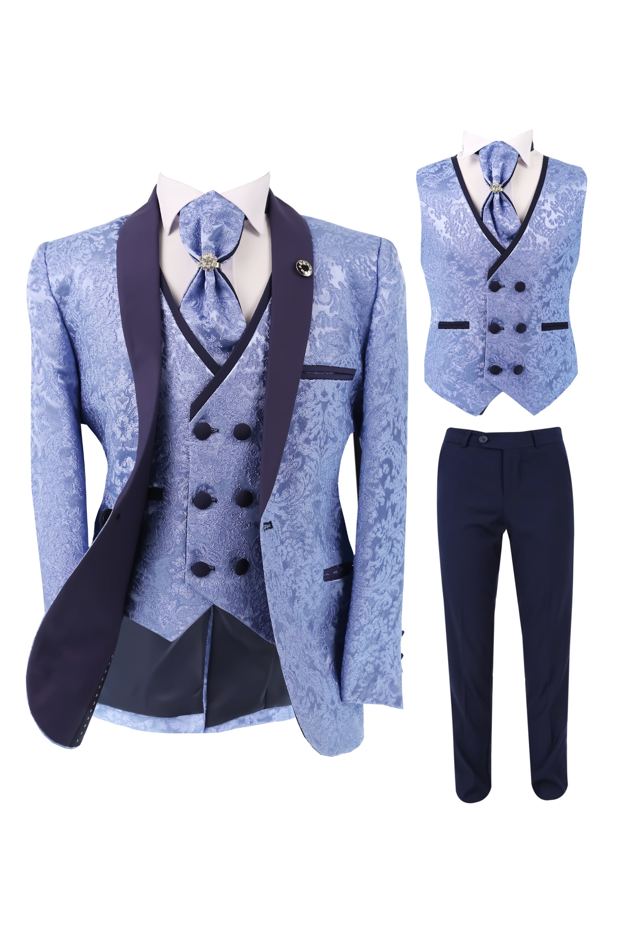 Boys Satin Lapel Paisley Floral Tuxedo Suit Set - Blue 3PC Picture with Accessories