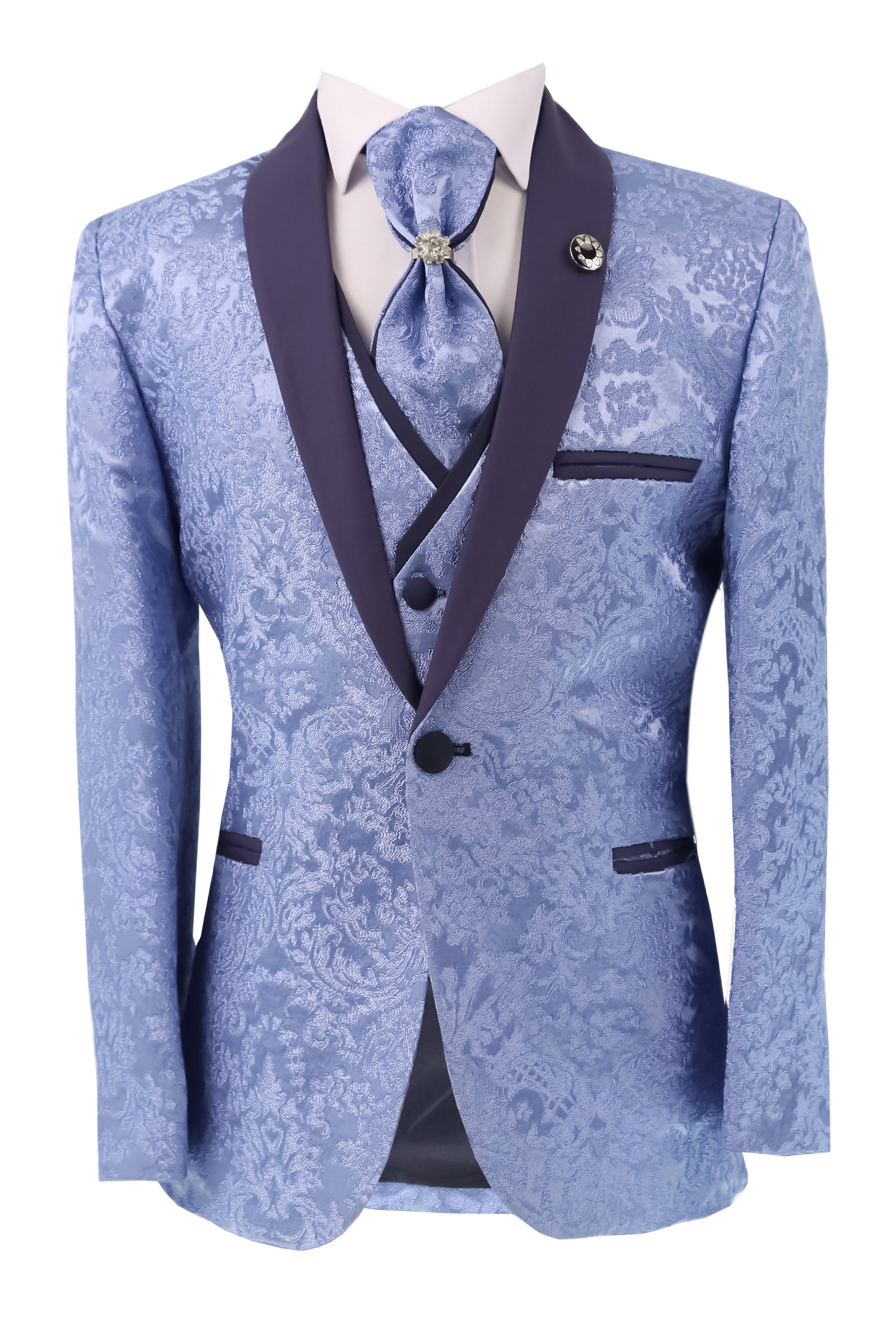 Boys Satin Lapel Paisley Floral Tuxedo Suit Set - Blue Jacket Picture