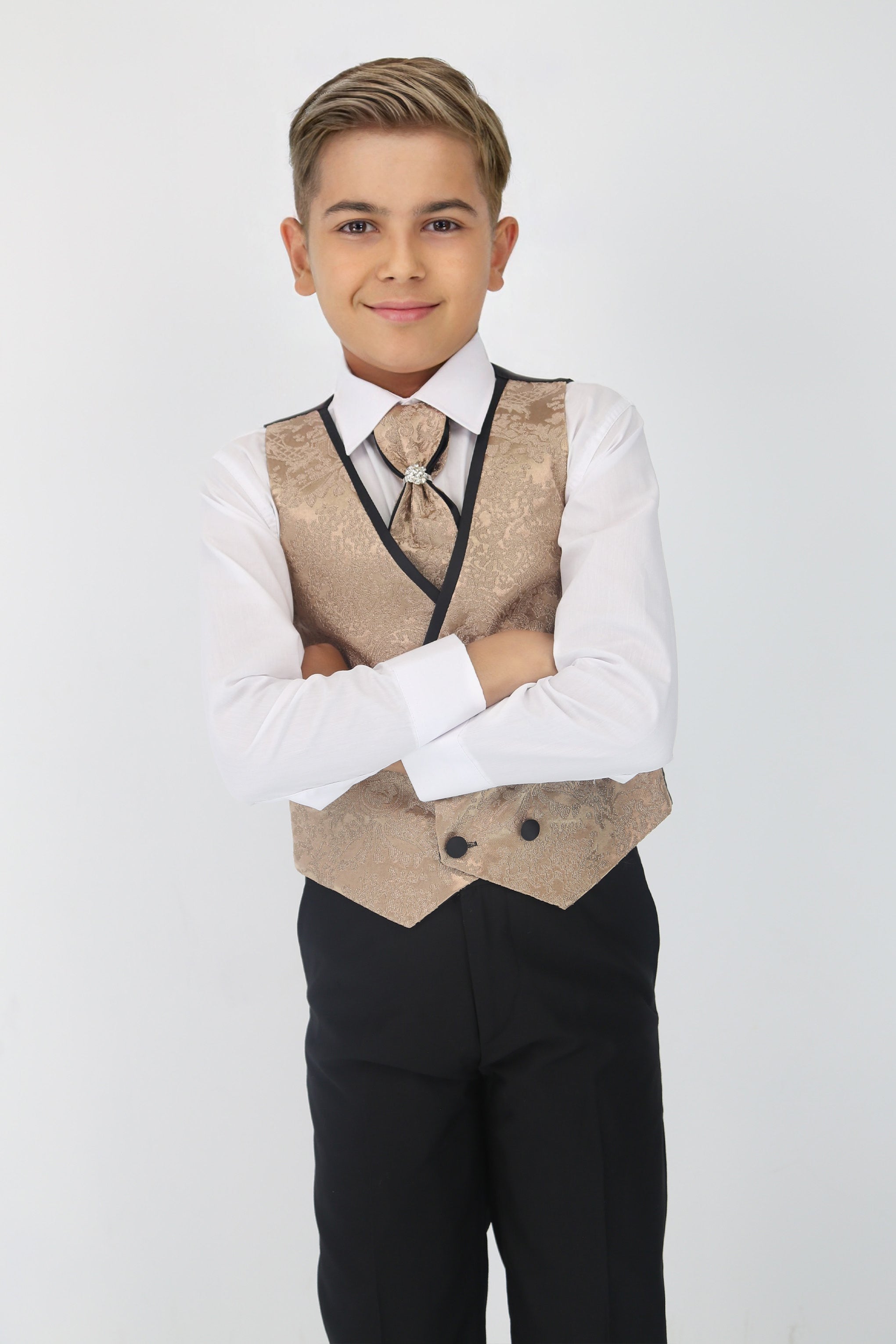 Boys Satin Lapel Paisley Floral Tuxedo Suit Set - Gold Vest Picture