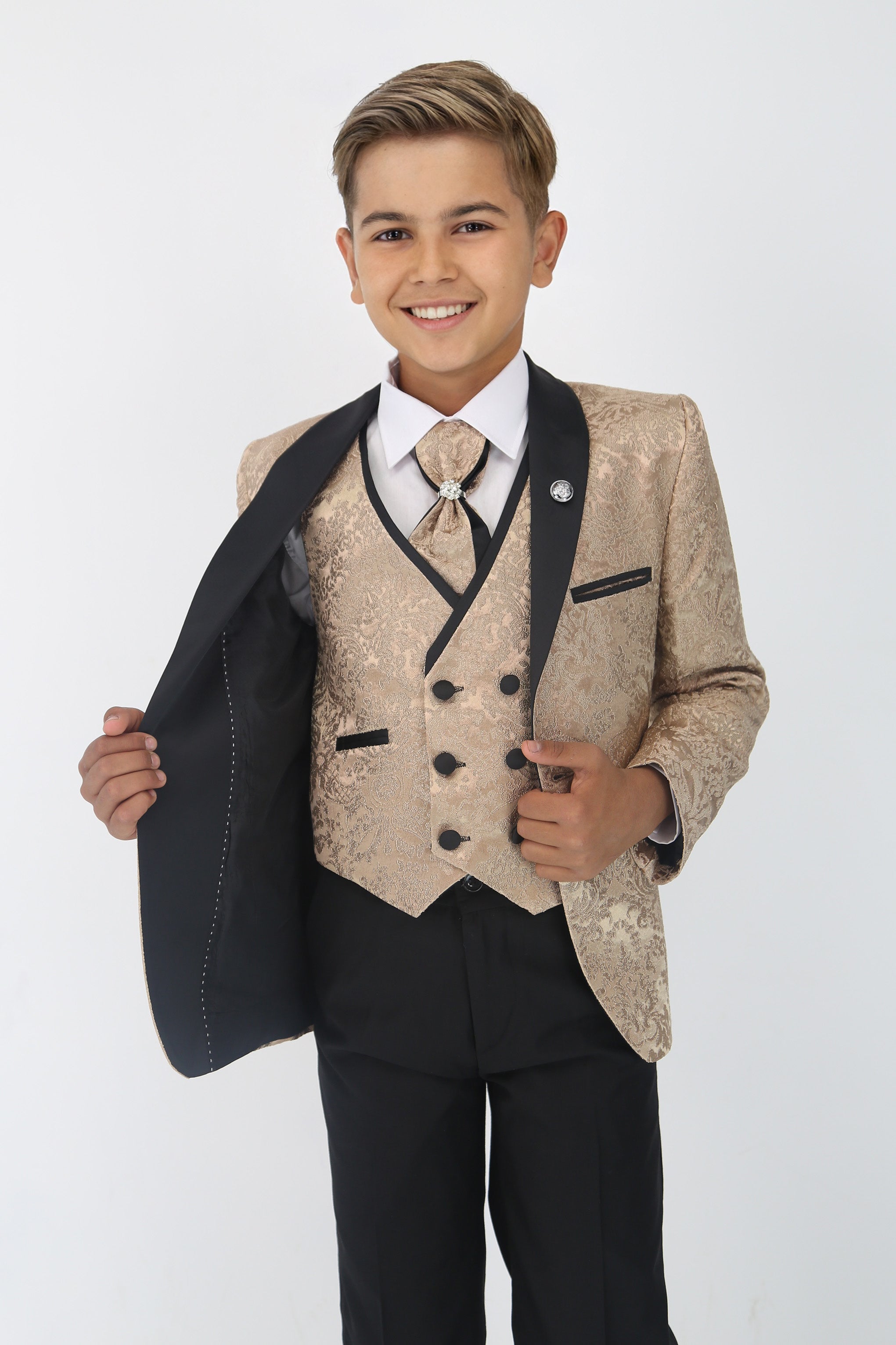 Boys Satin Lapel Paisley Floral Tuxedo Suit Set - Gold Linning Picture