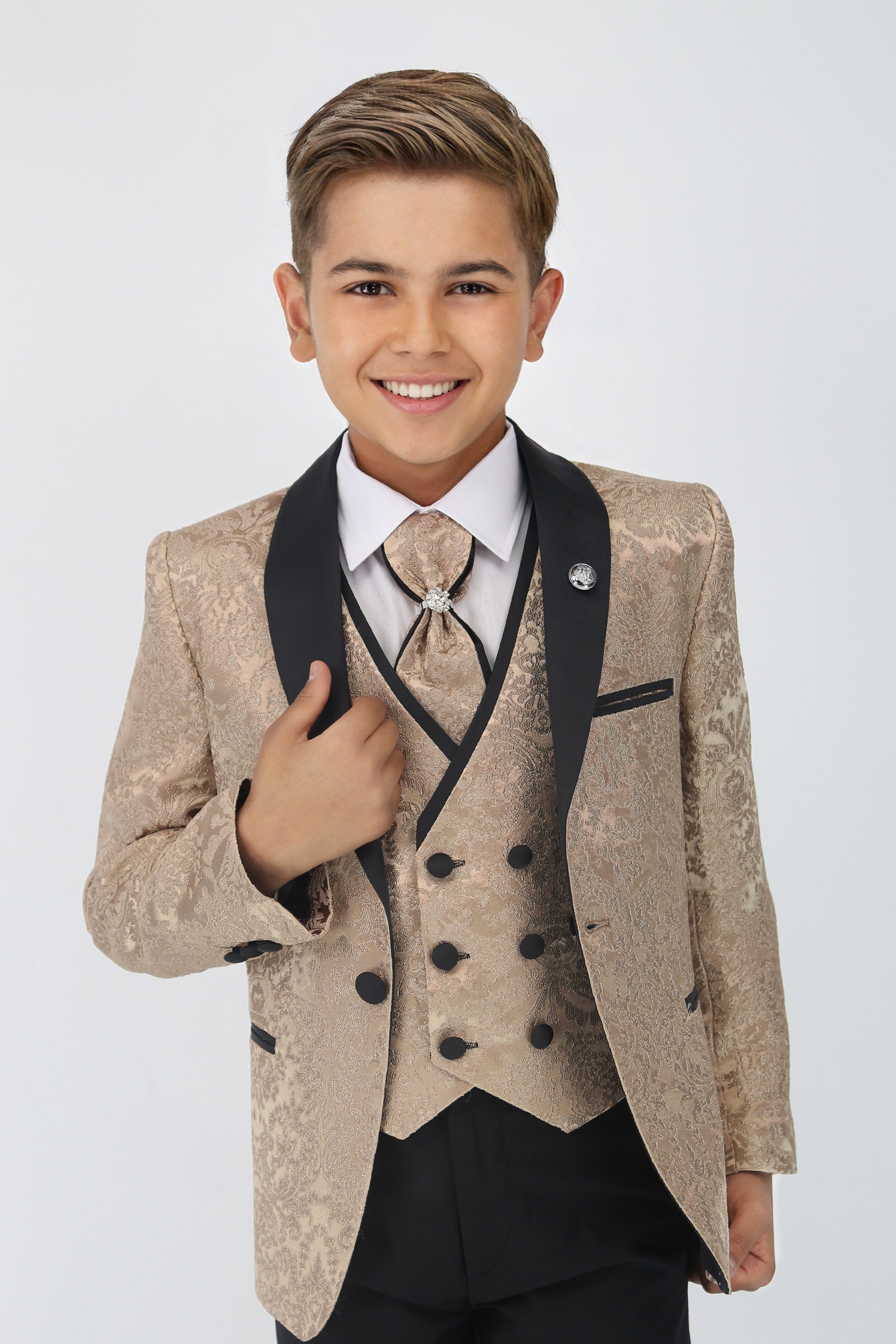 Boys Satin Lapel Paisley Floral Tuxedo Suit Set - Gold Model Picture