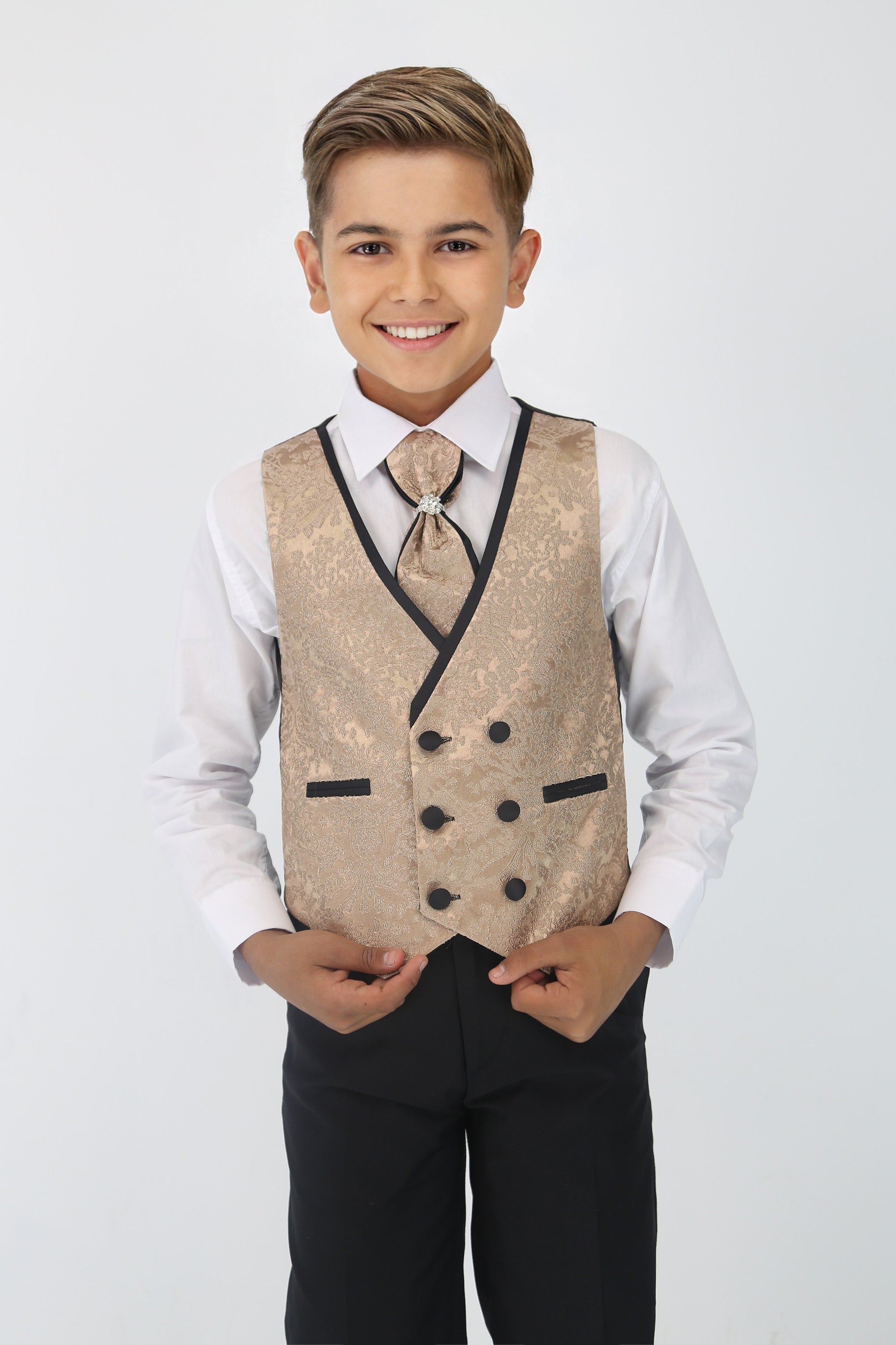 Boys Satin Lapel Paisley Floral Tuxedo Suit Set - Gold