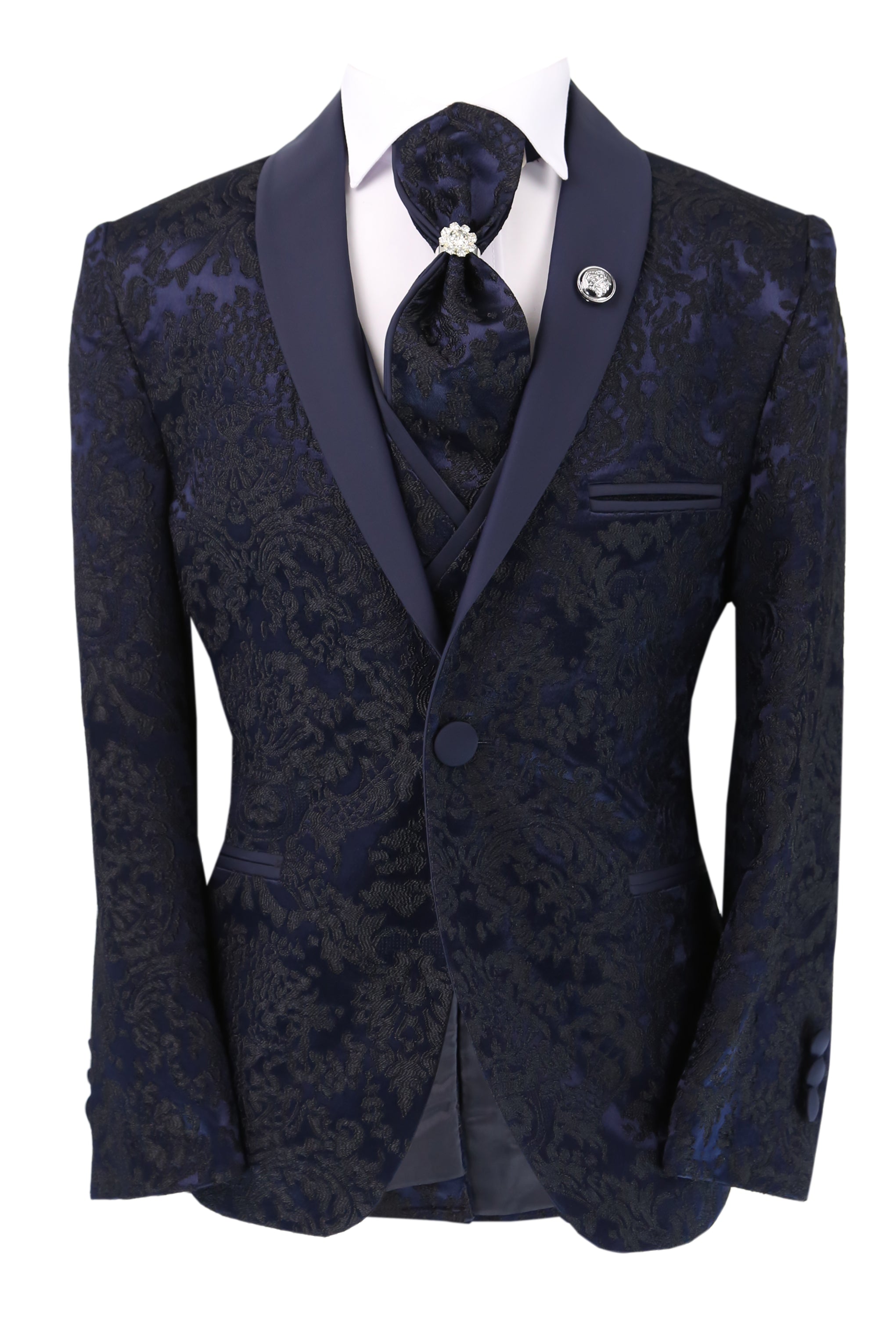 Boys Satin Lapel Paisley Floral Tuxedo Suit Set - Navy Jacet Picture