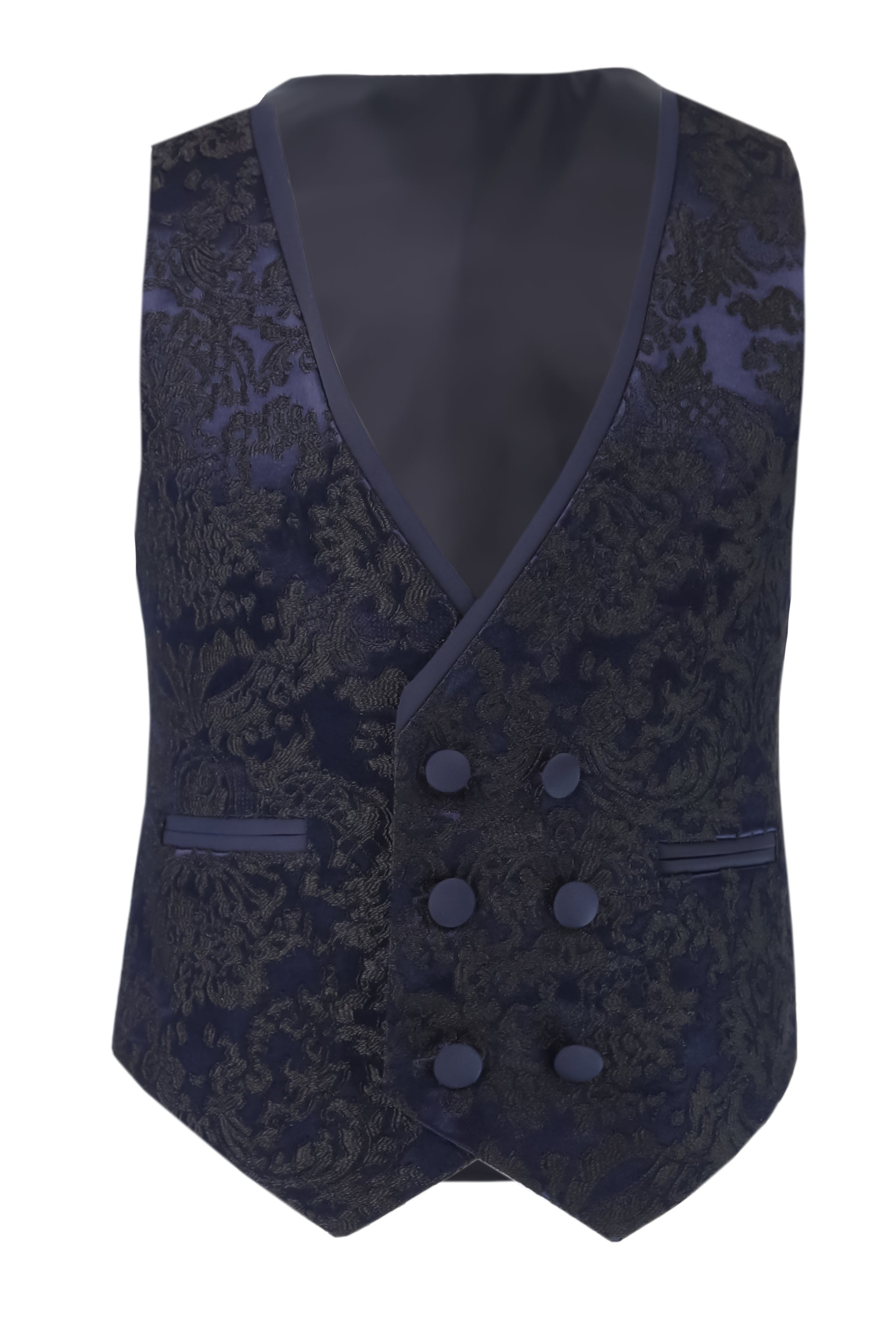 Boys Satin Lapel Paisley Floral Tuxedo Suit Set - Navy Waistcoat Picture