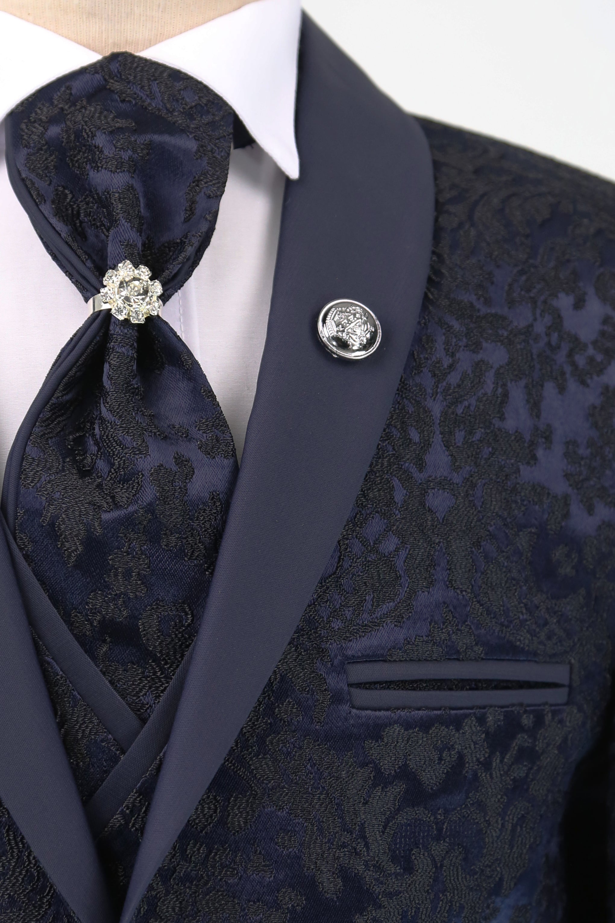 Boys Satin Lapel Paisley Floral Tuxedo Suit Set - Navy Detail Picture