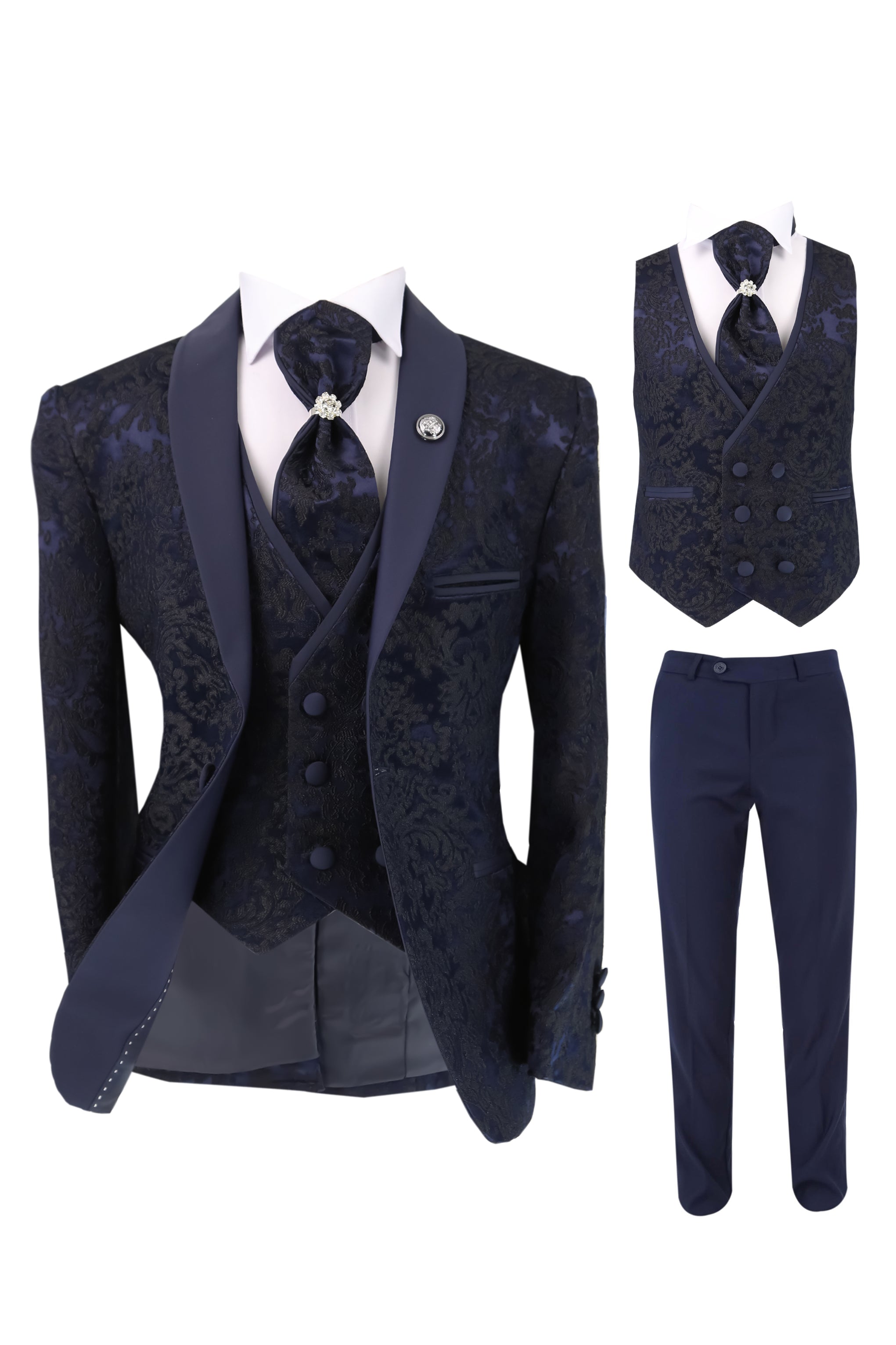 Boys Satin Lapel Paisley Floral Tuxedo Suit Set - Navy 3PC picture with Accessories