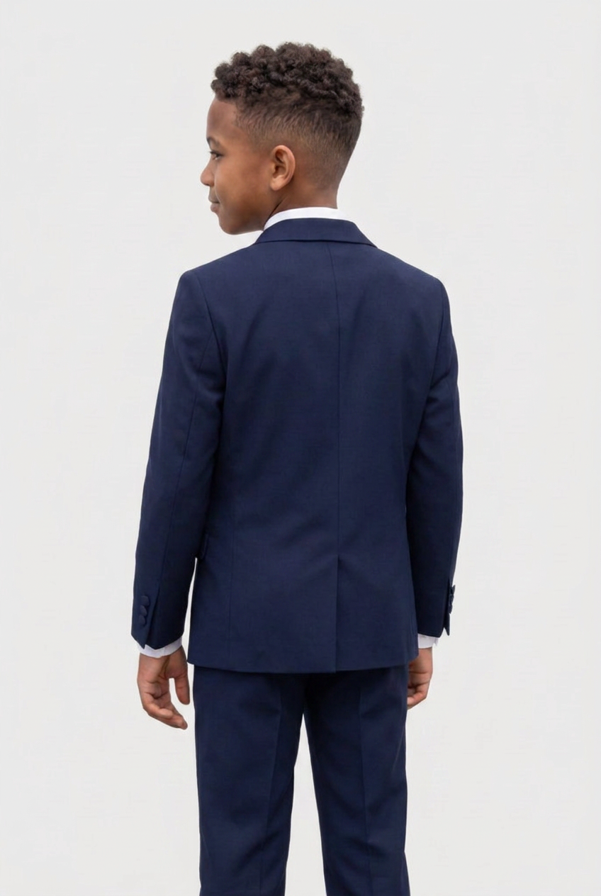 Boys Satin Lapel Tuxedo Suit - 4-Piece or 5-Piece with Cufflink Shirt - Navy Model Back Picture