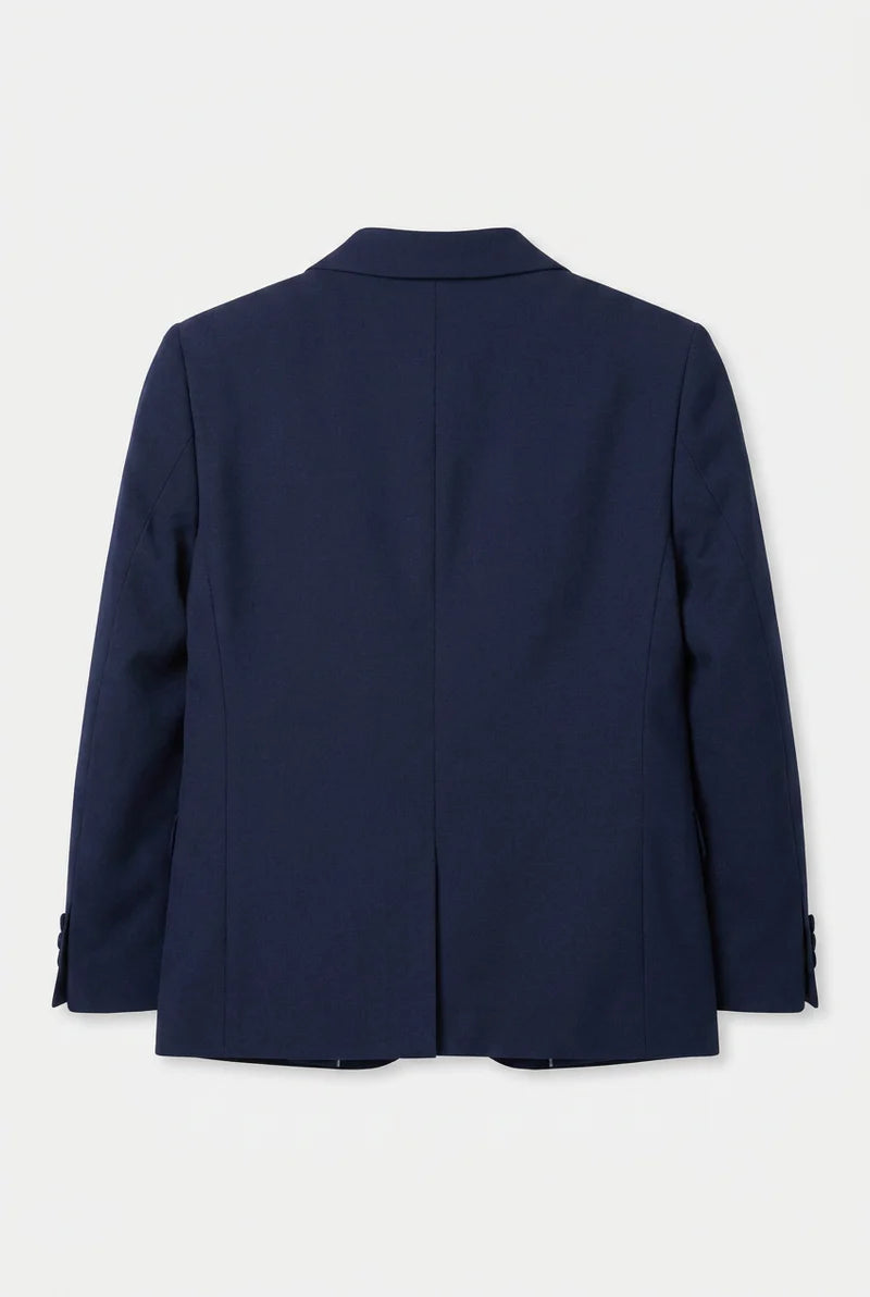 Boys Satin Lapel Tuxedo Suit - 4-Piece or 5-Piece with Cufflink Shirt - Navy Blazer Back Picture