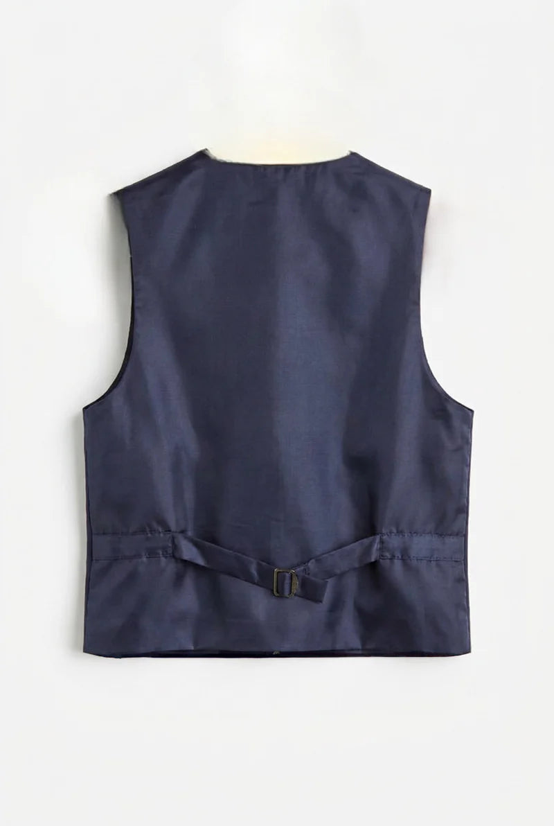 Boys Satin Lapel Tuxedo Suit - 4-Piece or 5-Piece with Cufflink Shirt - Navy Waistcoat Back Picture 