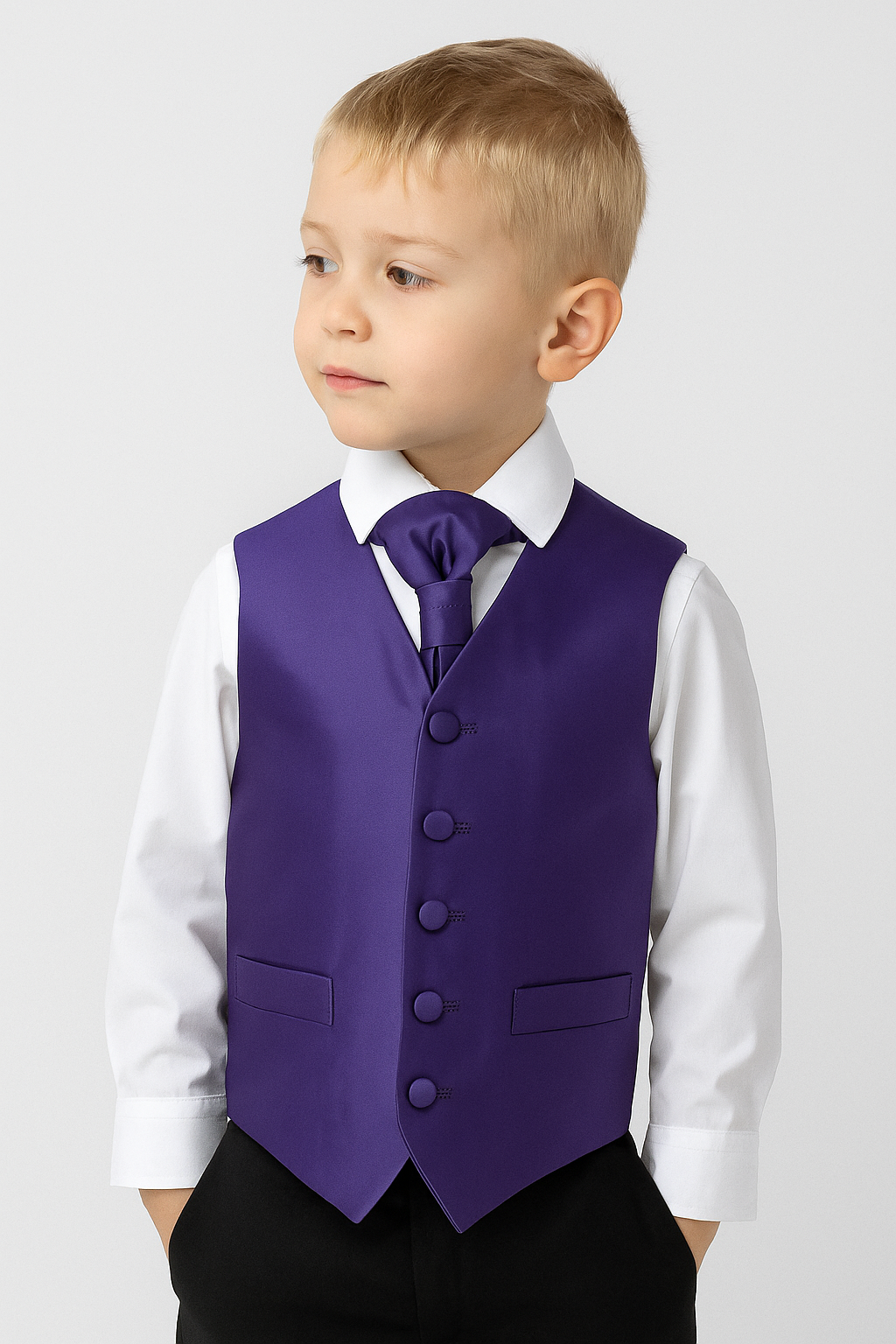 Boys Satin Waistcoat & Cravat Set - Purple Model Picture