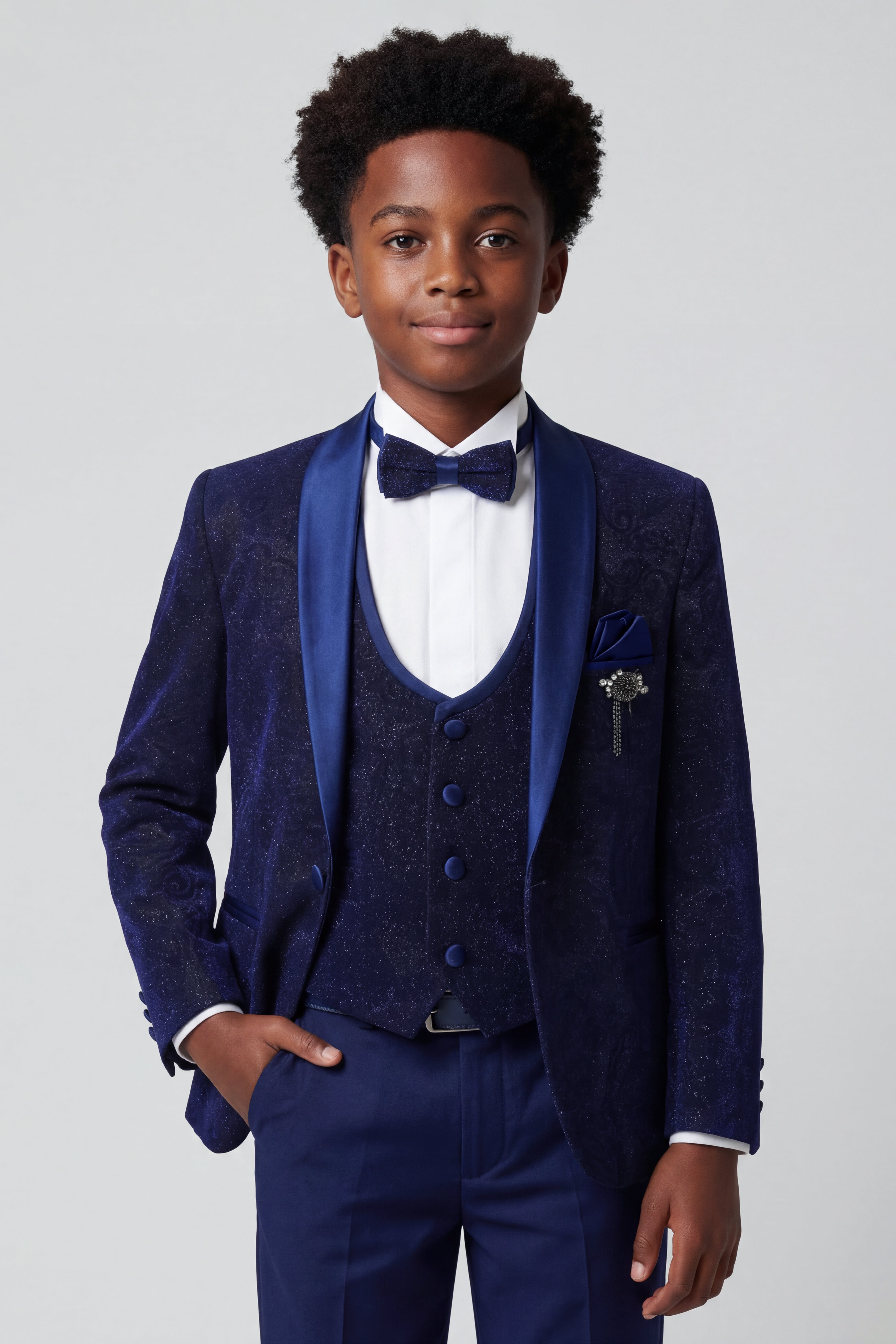 Boys Shimmer Slim Fit Navy Blue Tuxedo Suit - Navy Blue