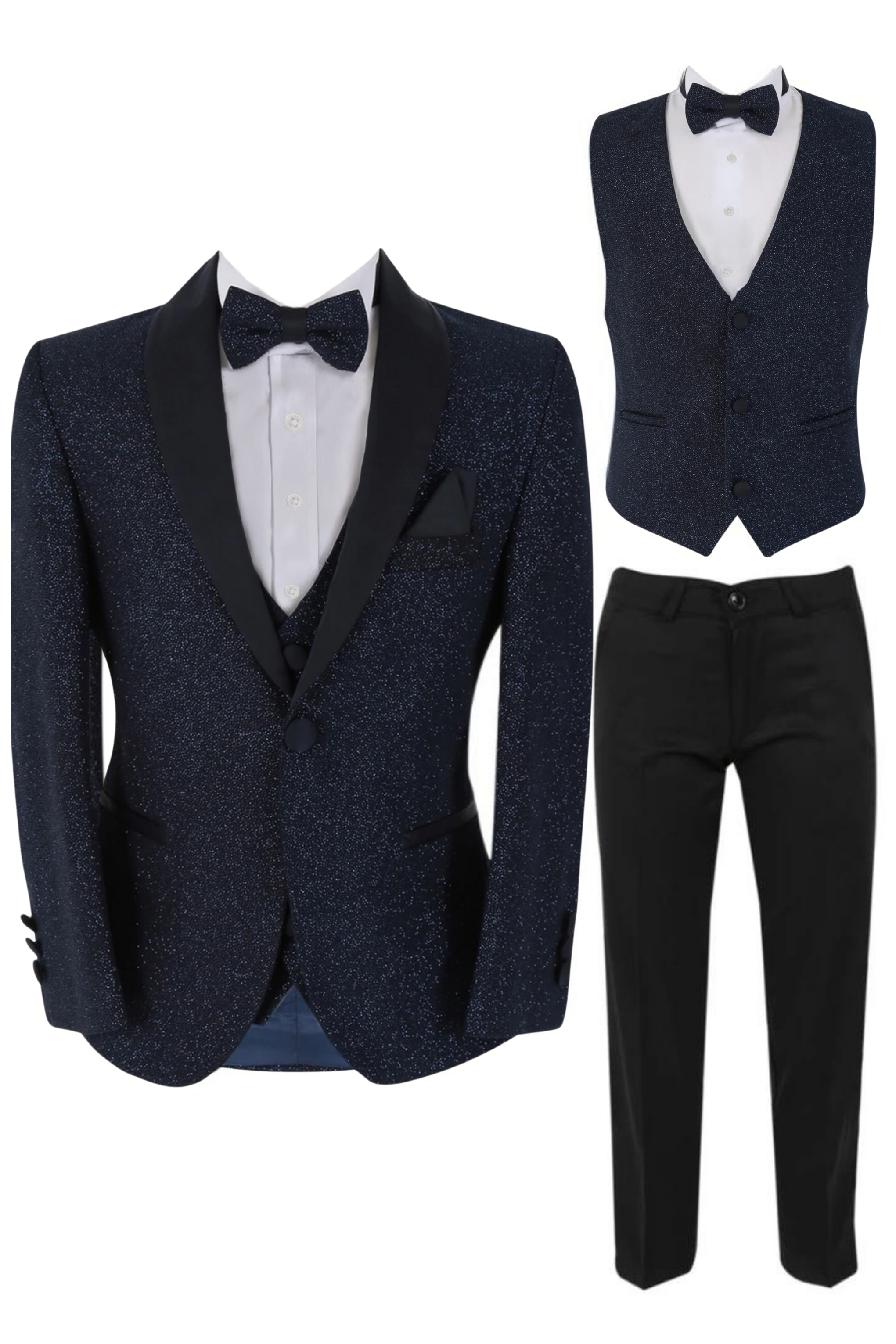 Boys Shimmer Tuxedo Dinner 6 Piece Suit Set - Navy Blue