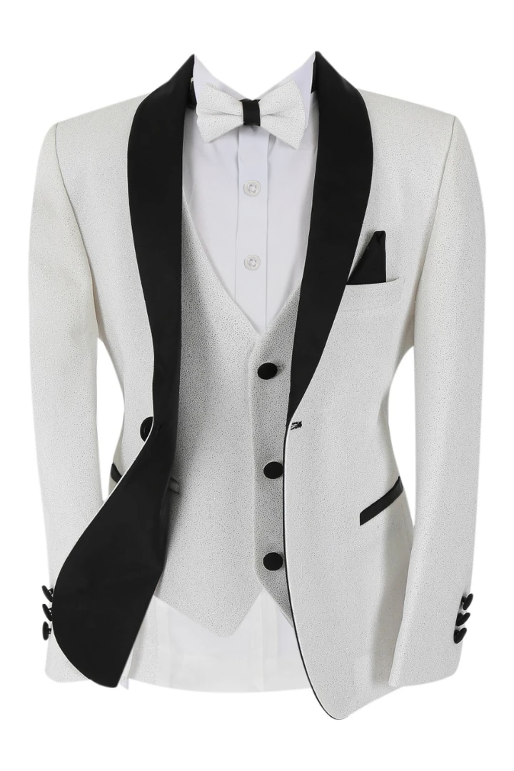 Boys Shimmer Tuxedo Dinner 6 Piece Suit Set - White