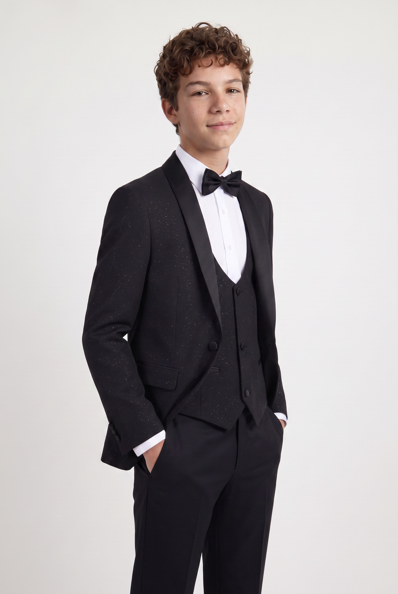 Boys Shimmer Tuxedo Suit with Shawl Lapel - 4-Piece & 5-Piece in Black