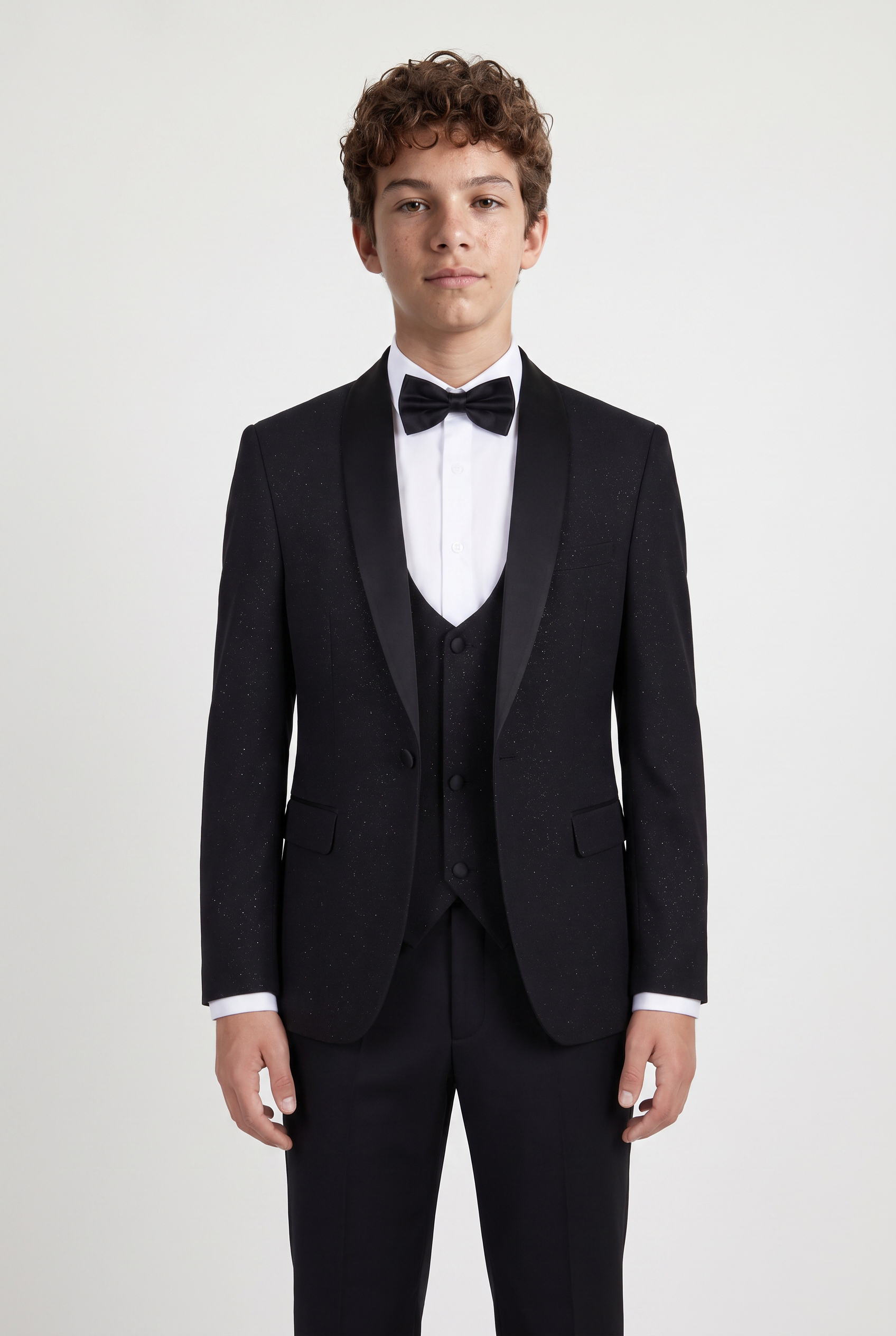 Boys Shimmer Tuxedo Suit with Shawl Lapel - 4-Piece & 5-Piece in Black