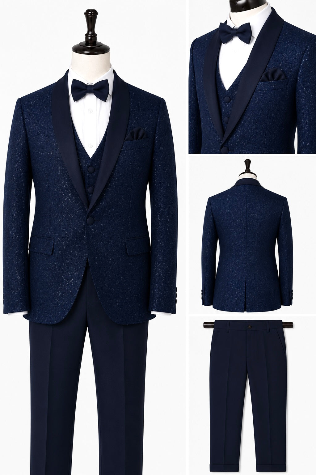 Boys Shimmer Tuxedo Suit with Shawl Lapel - 4-Piece & 5-Piece in Navy