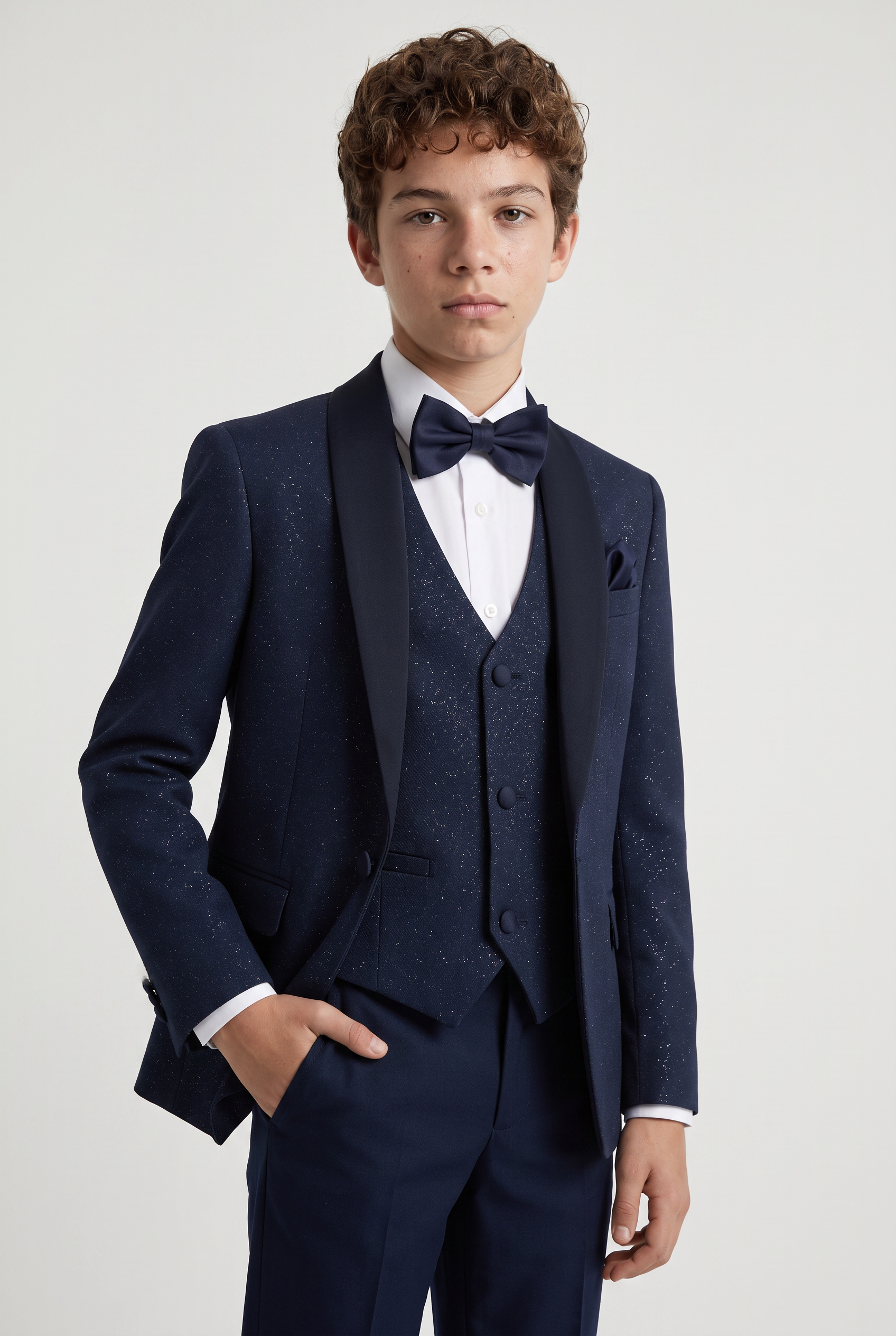 Boys Shimmer Tuxedo Suit with Shawl Lapel - 4-Piece & 5-Piece in Navy