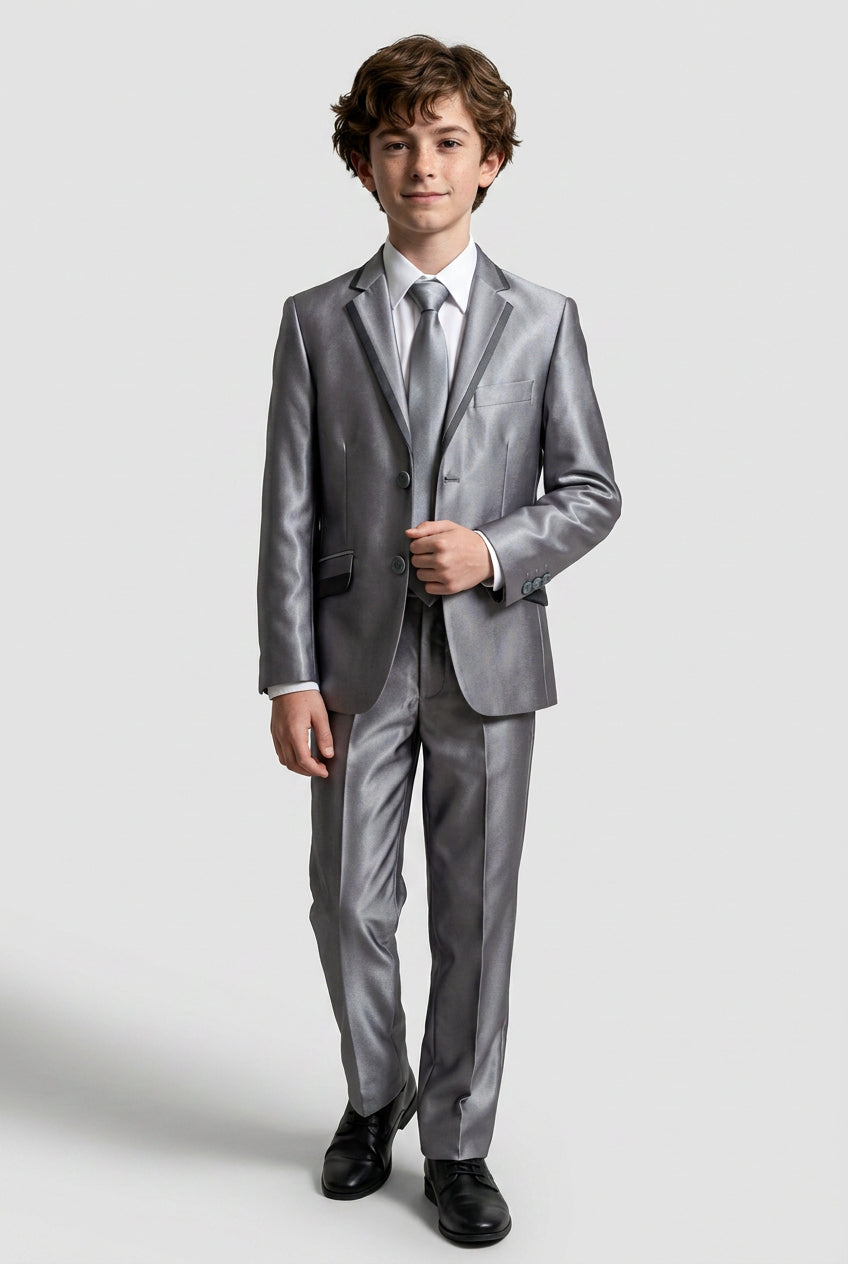 Boys Silver Grey 2 Piece Suit with Black Contrast Trim