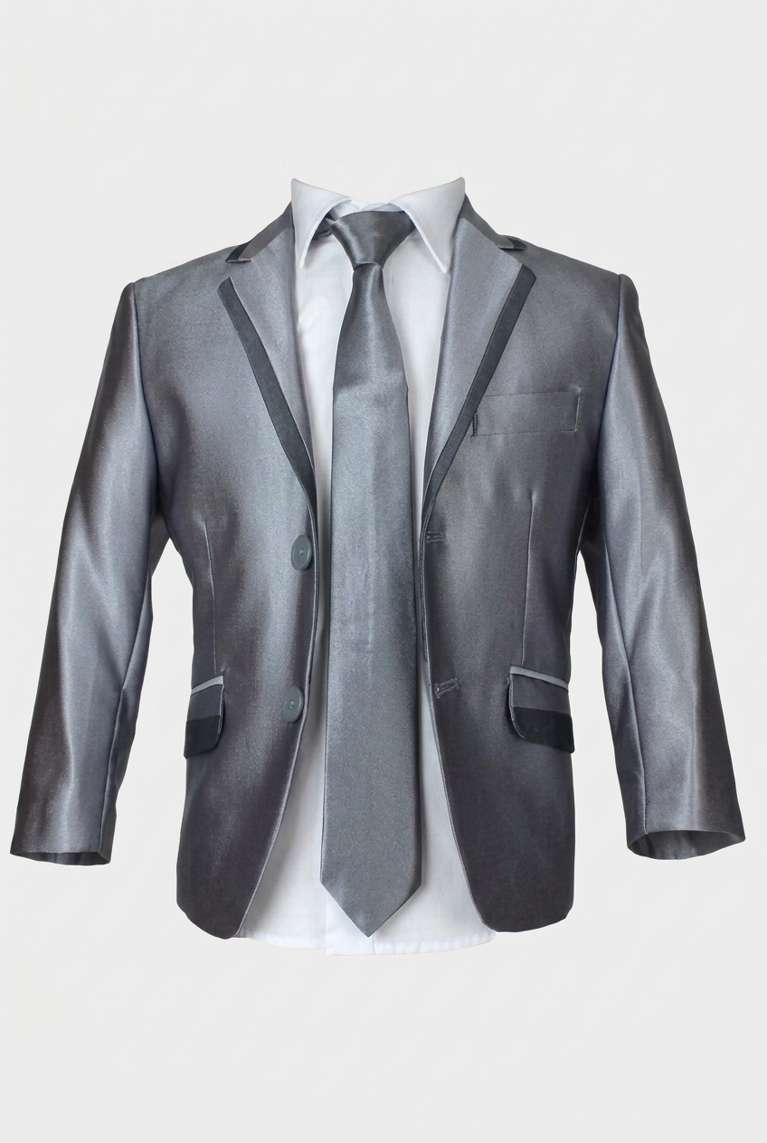 Boys Silver Grey 2 Piece Suit with Black Contrast Trim