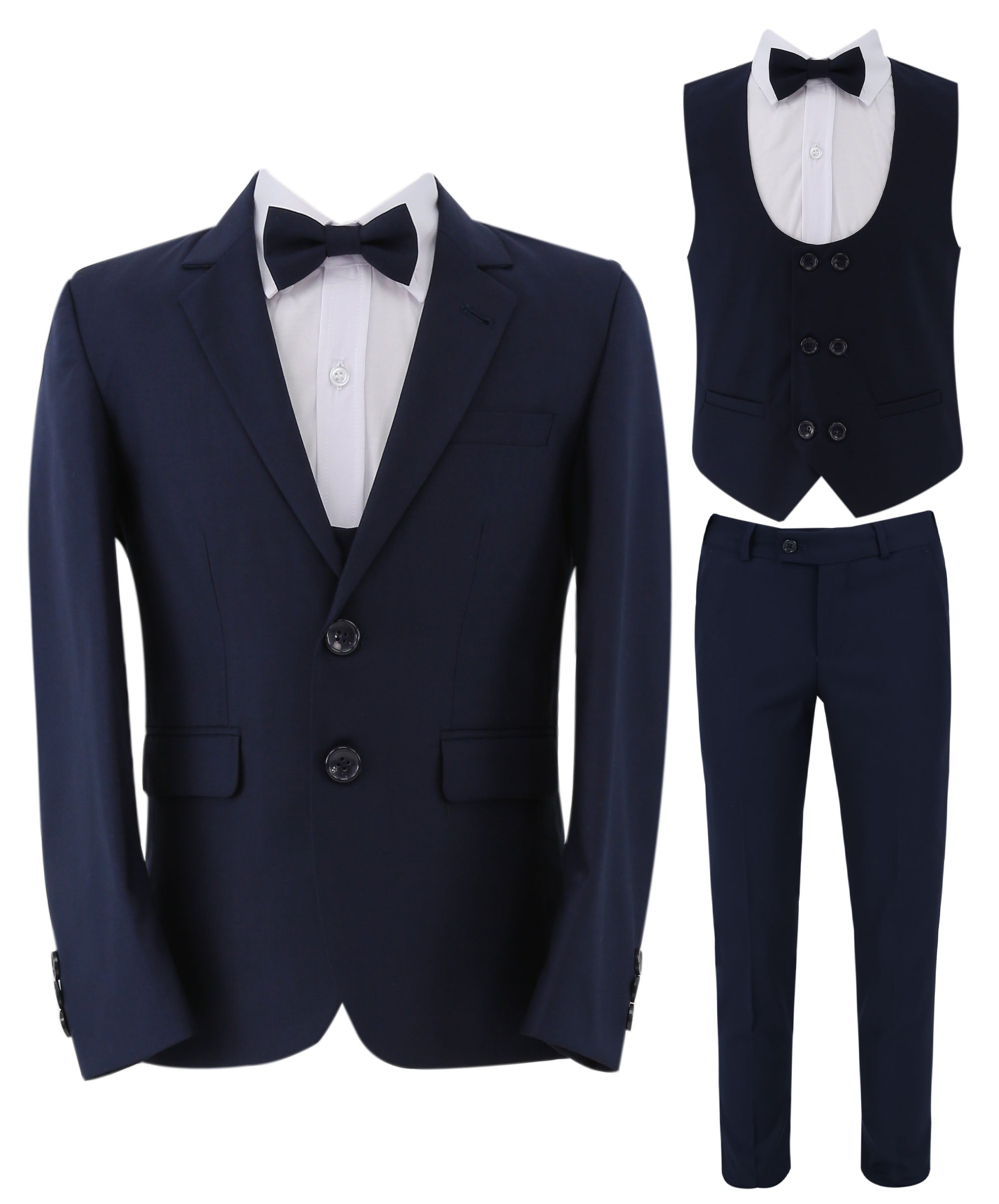 Boys Slim Fit 7 Piece Full Suit Set - Kenny - Navy Blue Front Picture with Bowtie