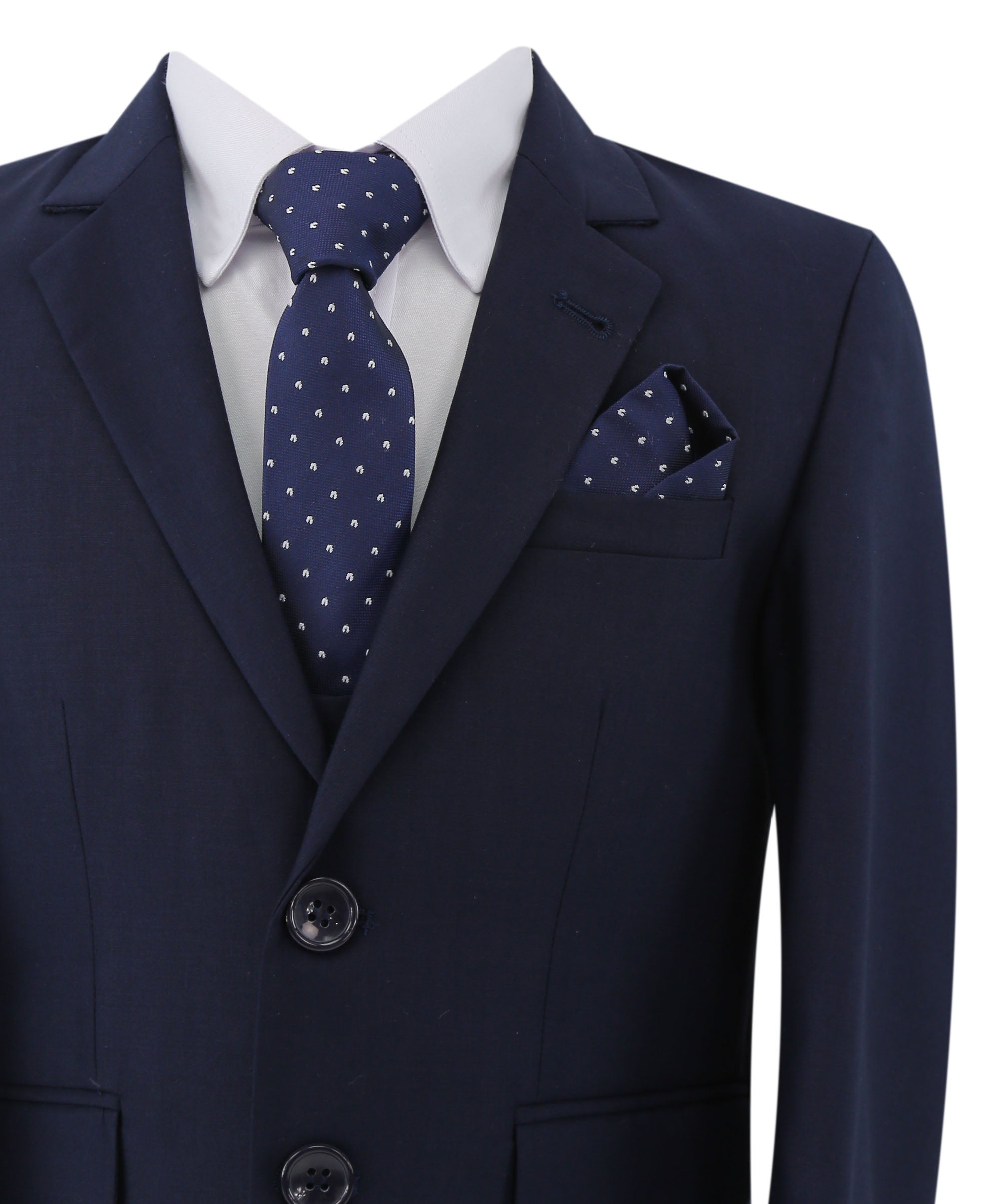 Boys Slim Fit 7 Piece Full Suit Set - Kenny - Navy Blue Detail with Tie