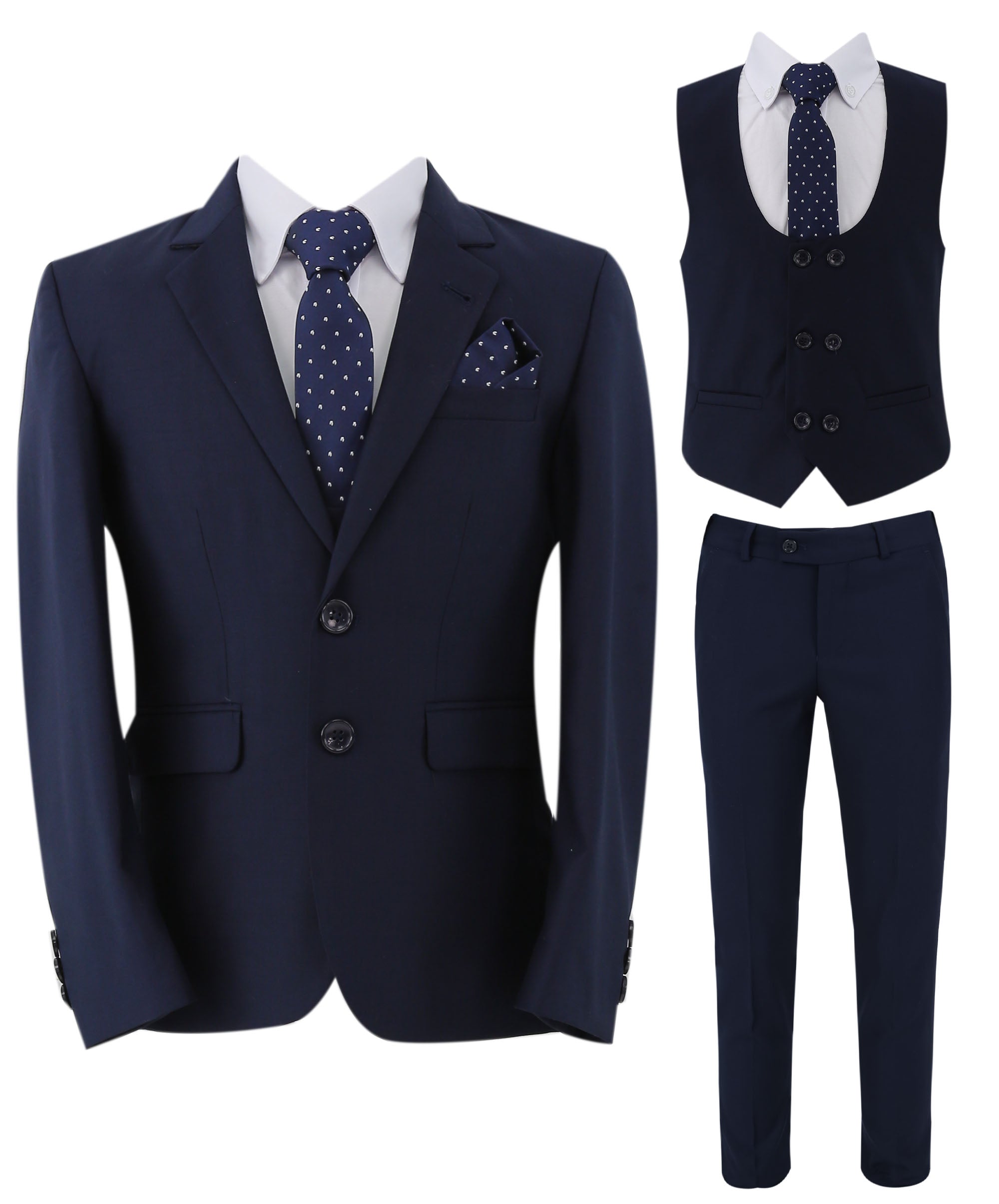 Boys Slim Fit 7 Piece Full Suit Set - Kenny - Navy Blue Front Picture with Tie