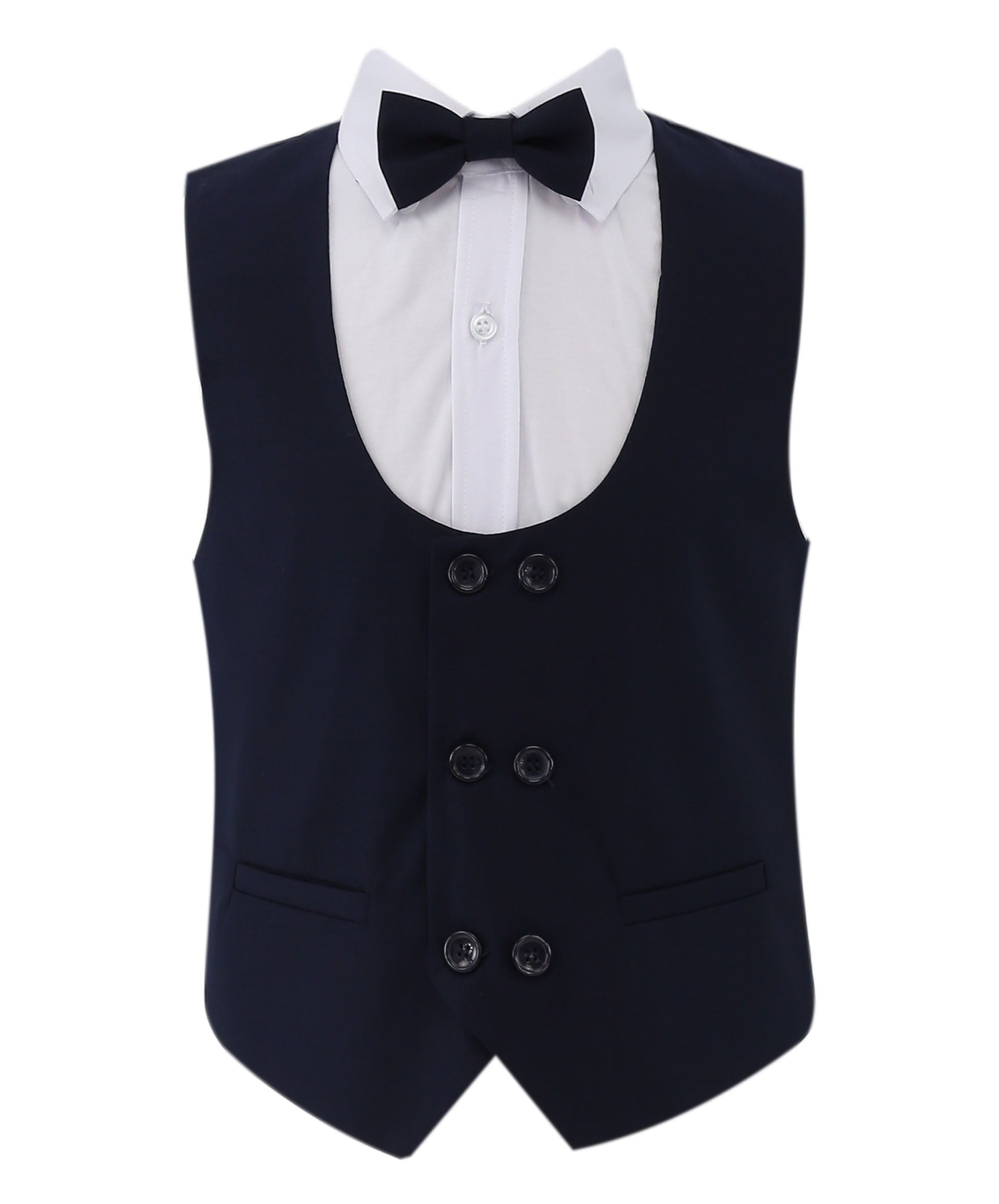 Boys Slim Fit 7 Piece Full Suit Set - Kenny - Navy Blue Waistcoat Picture with Bowtie