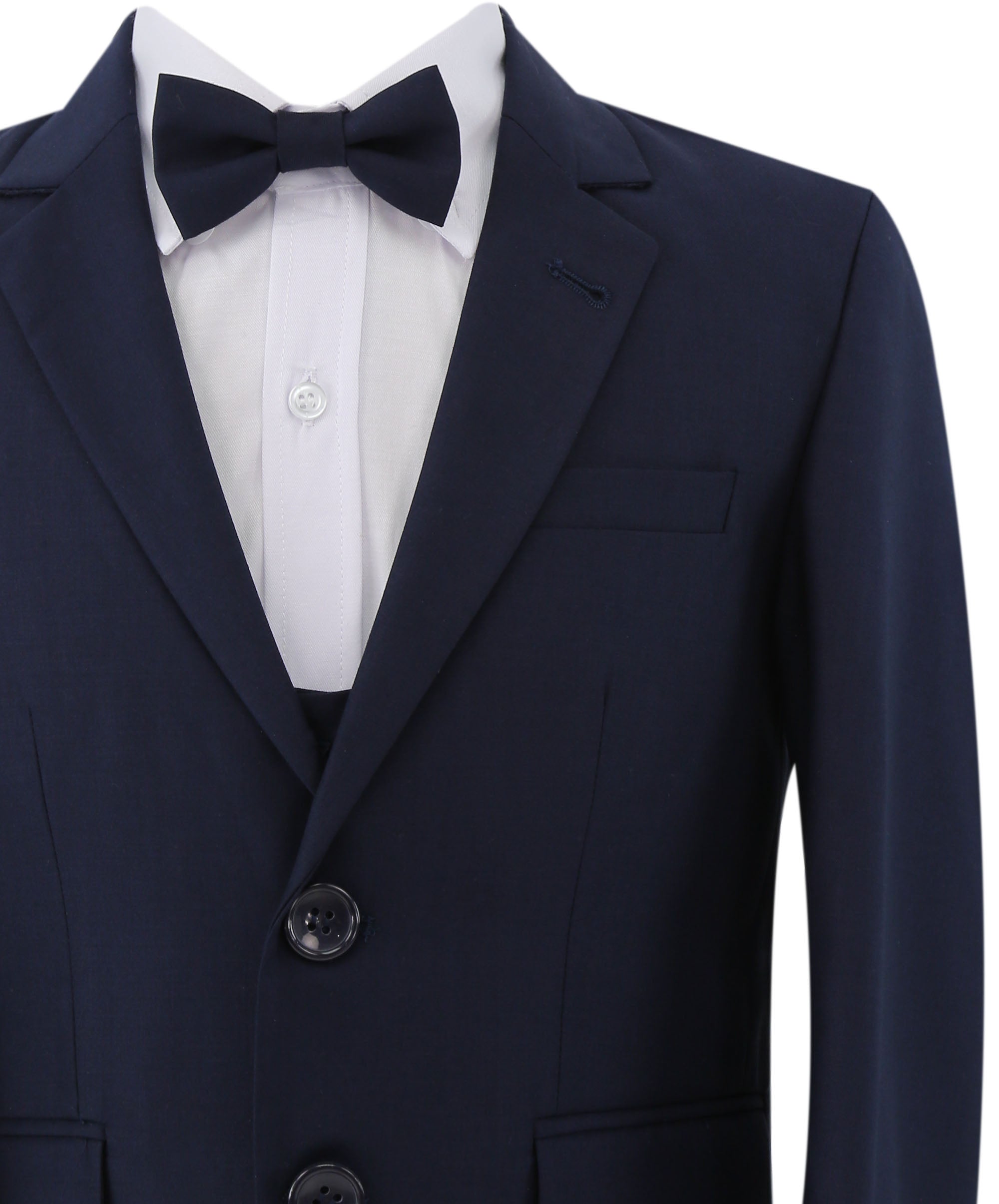 Boys Slim Fit 7 Piece Full Suit Set - Kenny - Navy Blue Detail with Bowtie