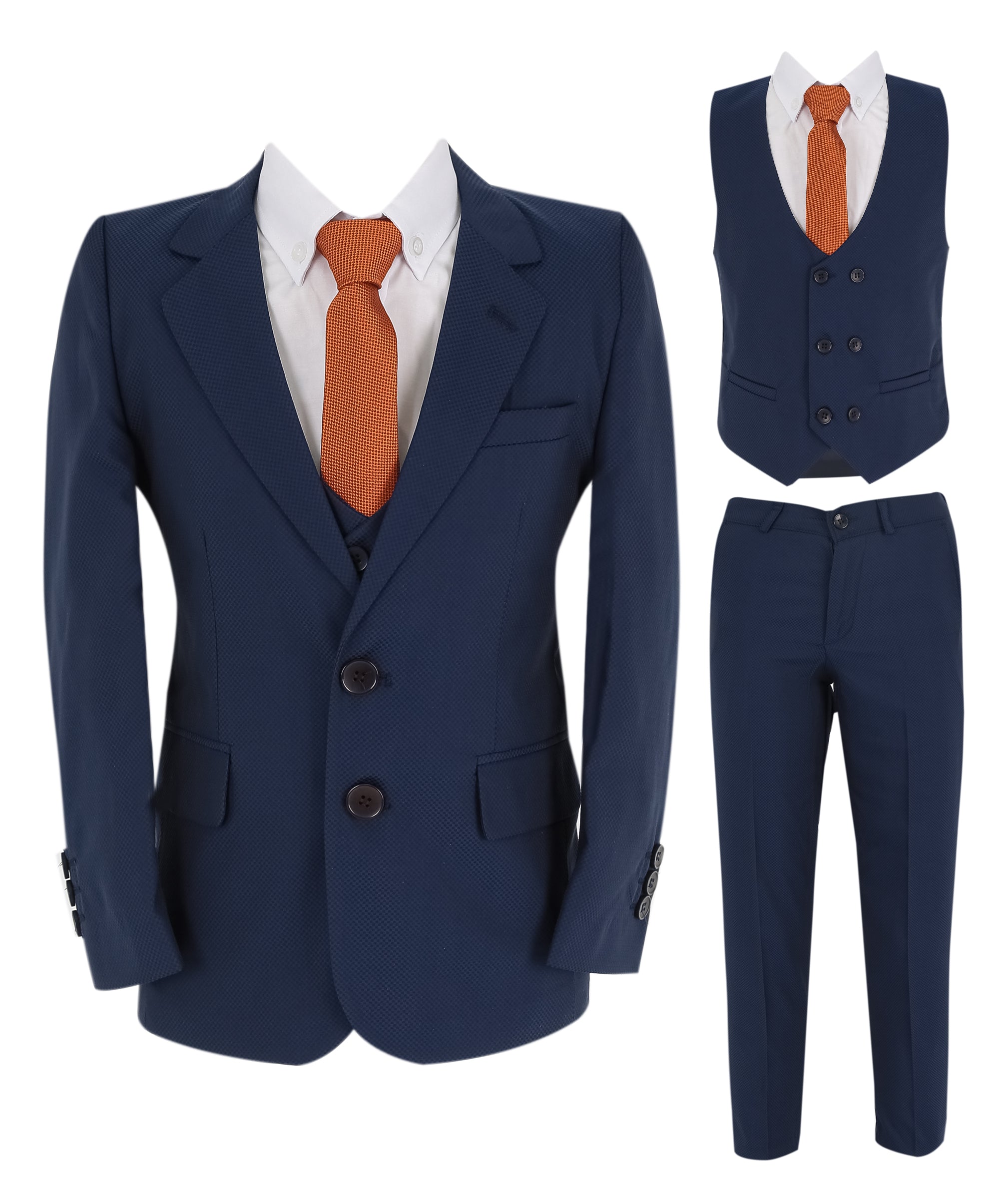 Boys Slim Fit 7 Piece Full Suit Set - Kenny - Parliament Blue Front Picture with Orange Tie