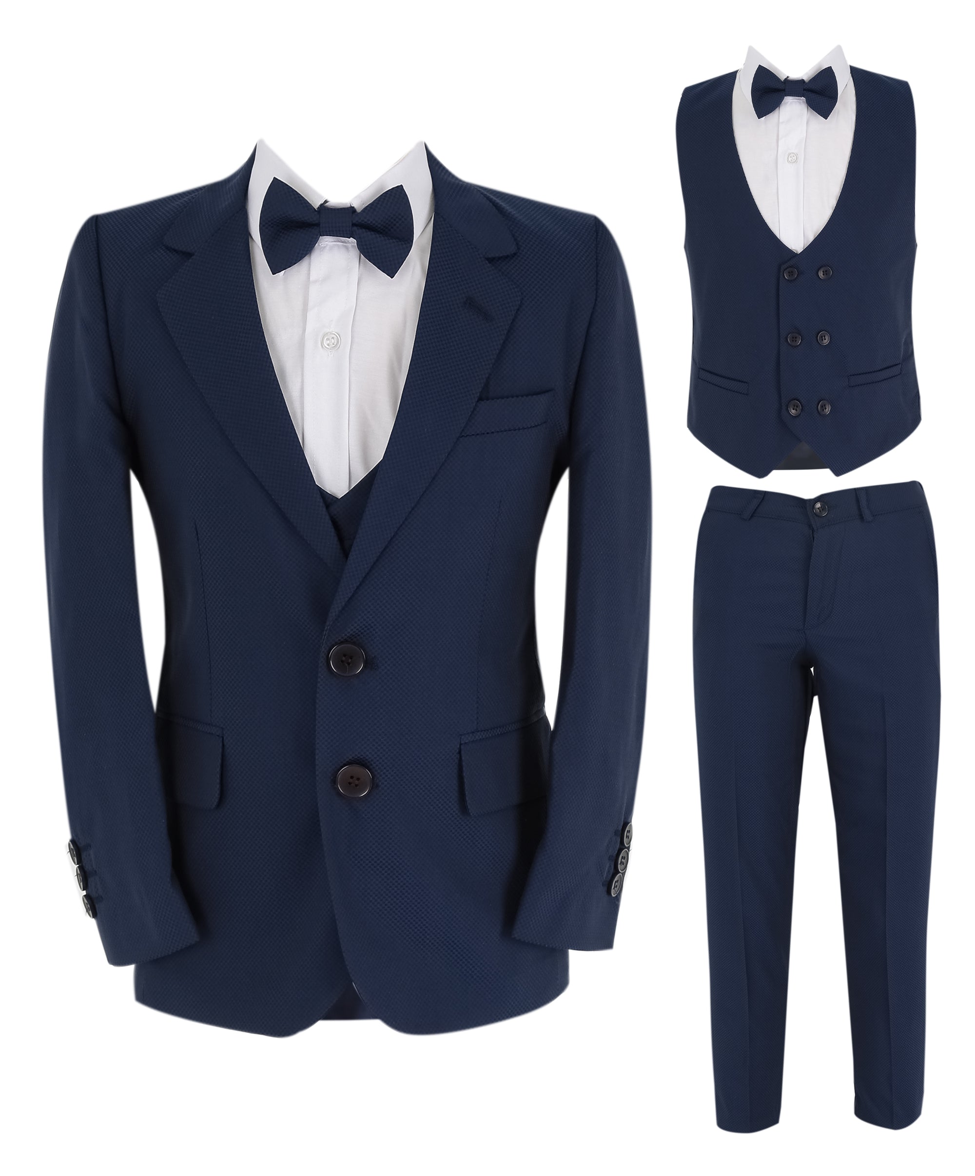 Boys Slim Fit 7 Piece Full Suit Set - Kenny - Parliament Blue Front Picture with Bowtie
