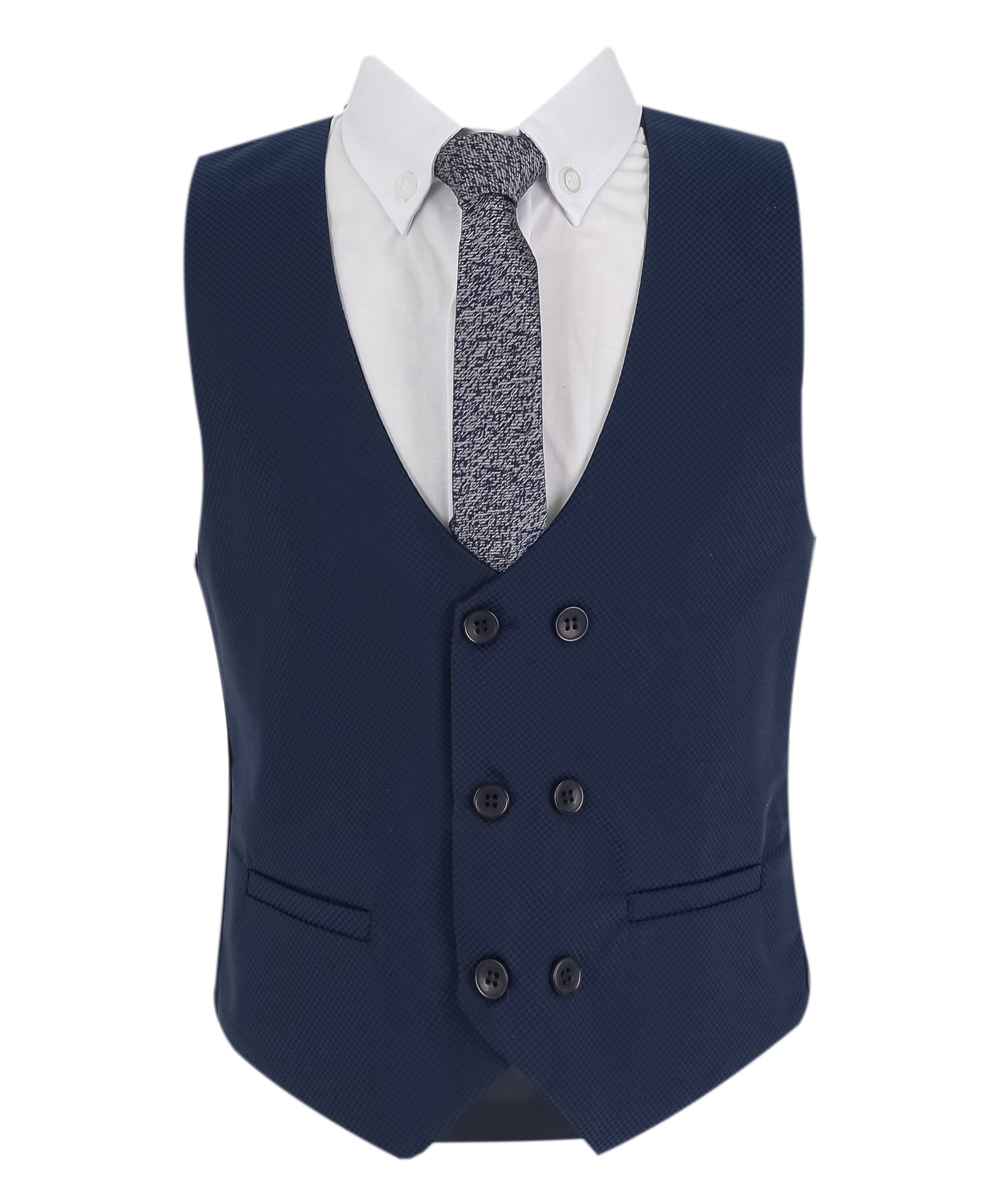 Boys Slim Fit 7 Piece Full Suit Set - Kenny - Parliament Blue Waistcoat Front Picture with Tie