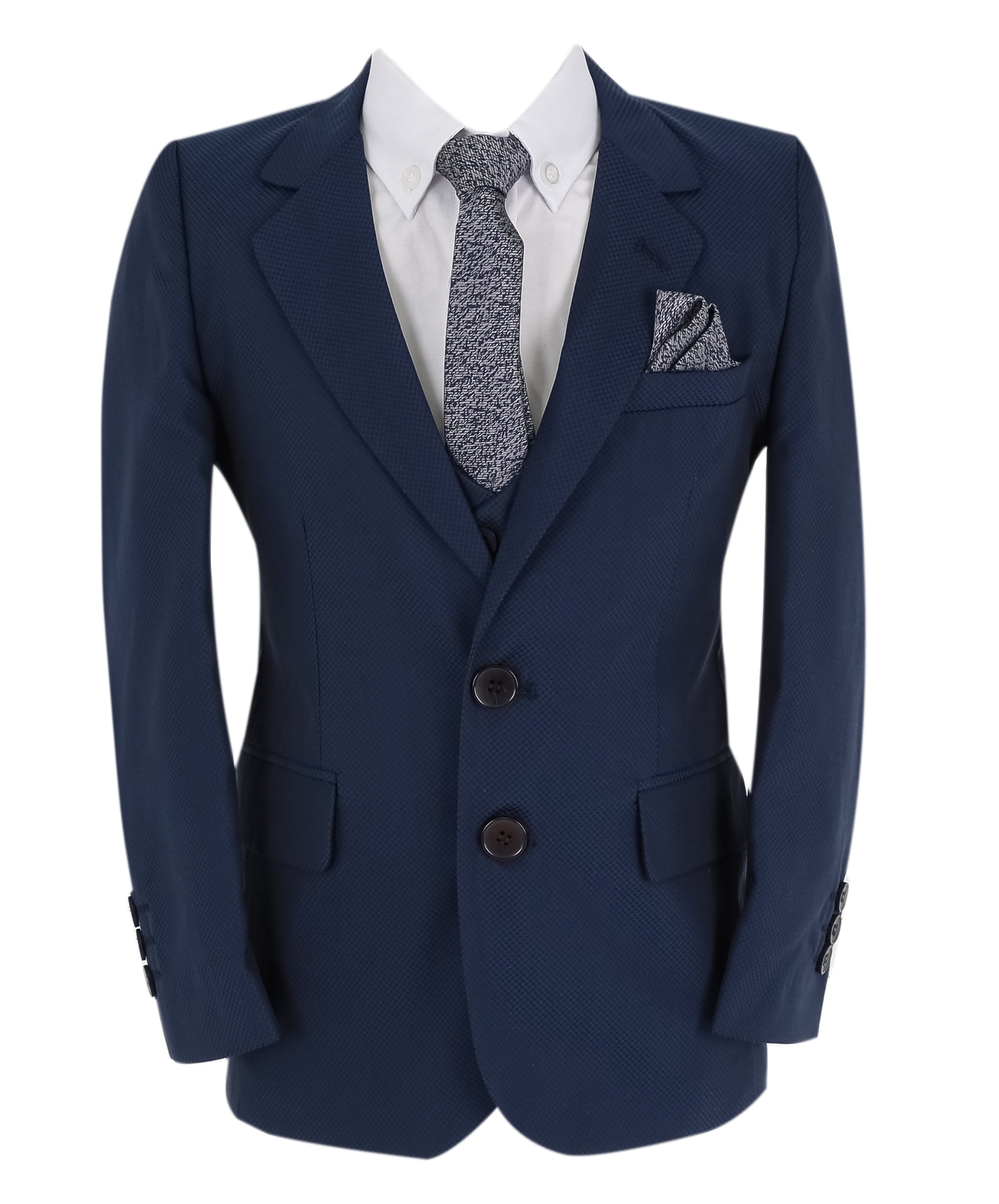 Boys Slim Fit 7 Piece Full Suit Set - Kenny - Parliament Blue Jacket Front Picture With Tie